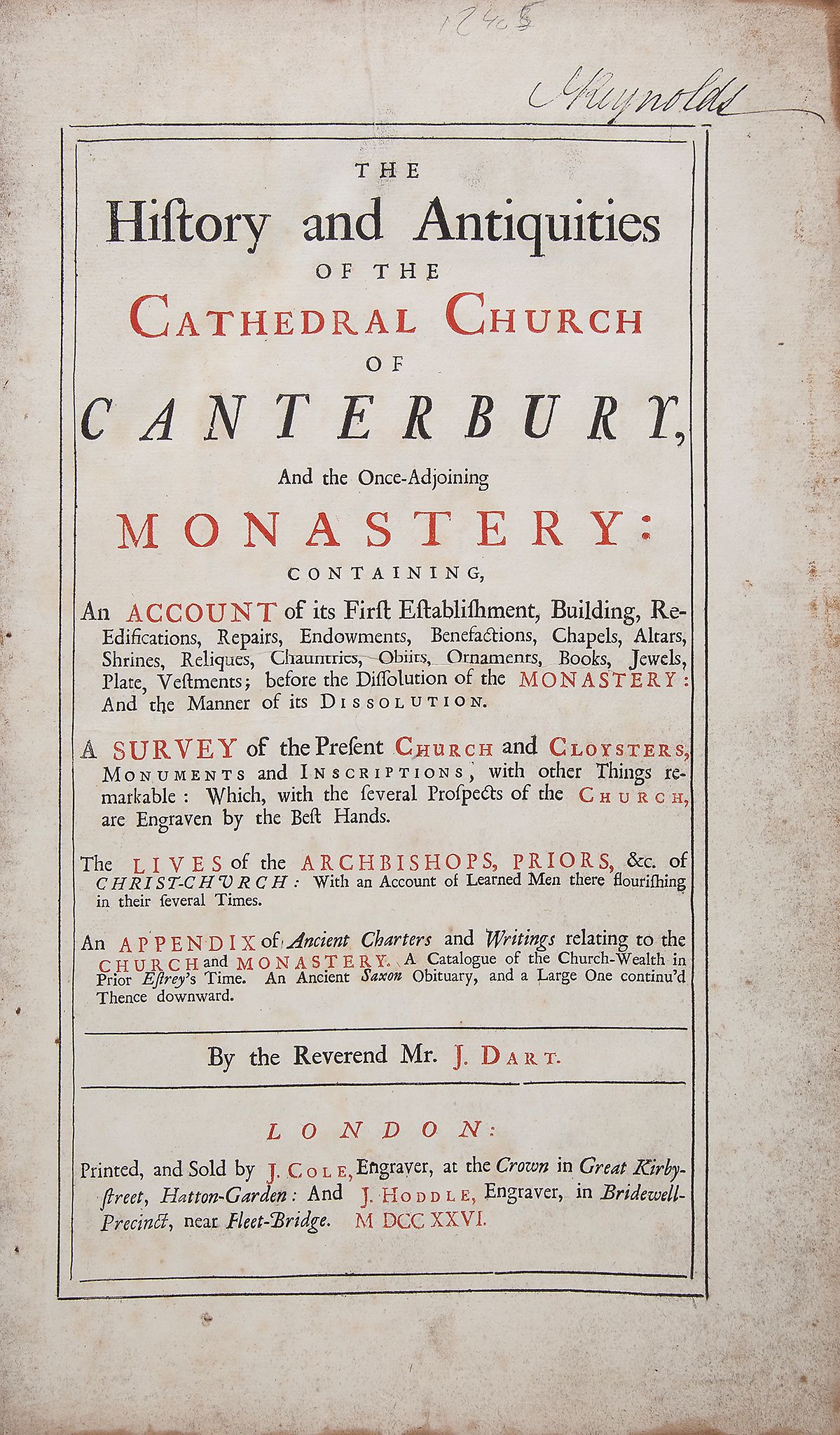 Dart -  The History and Antiquities of the Cathedral Church of Canterbury   ( Rev.   John)     The