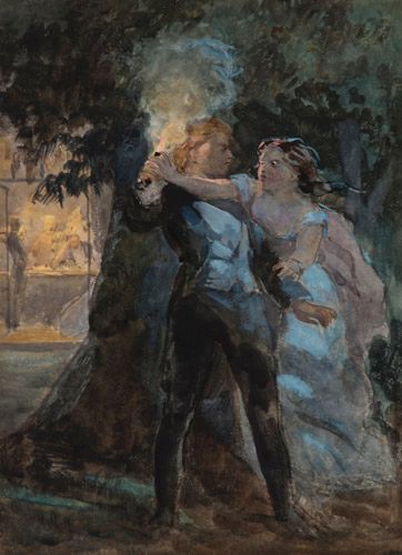 Absolon (John, RI) - Dramatic night scene of an elegant young couple fighting,  standing under