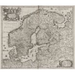 -. Jansson (Jan) - Sveciæ, Norvegiæ, et Daniæ, nova tabula,   engraved map, elaborate armorial title