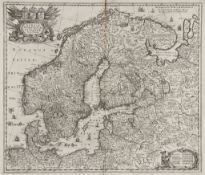 -. Jansson (Jan) - Sveciæ, Norvegiæ, et Daniæ, nova tabula,   engraved map, elaborate armorial title