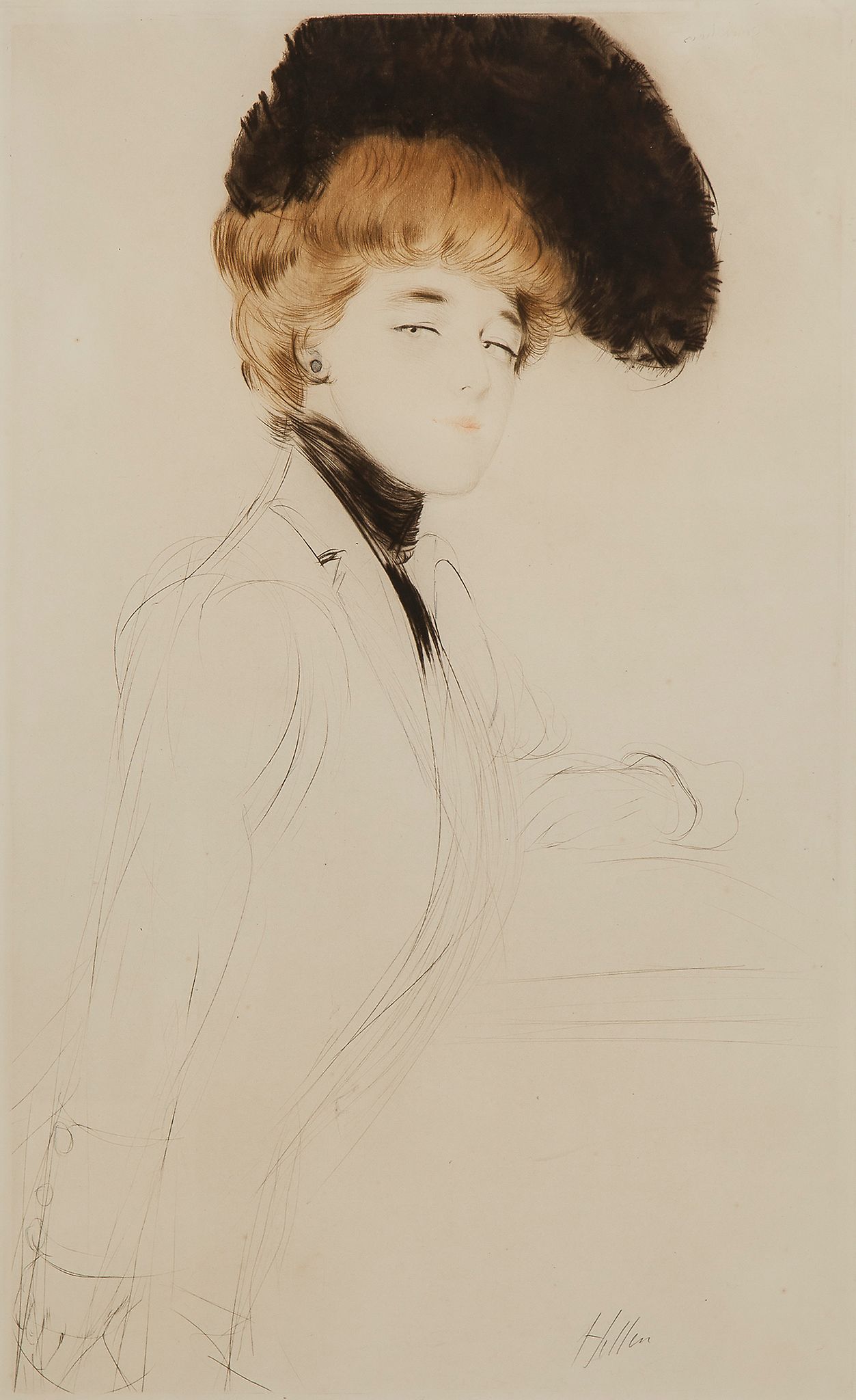 Paul César Helleu (1859-1927) - Elegante au chapeau de plumes,   drypoint, printed in colours,