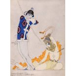 Gampert (Fernand) - Female warrior shot by an archer,  the figures in balletic poses,   gouache