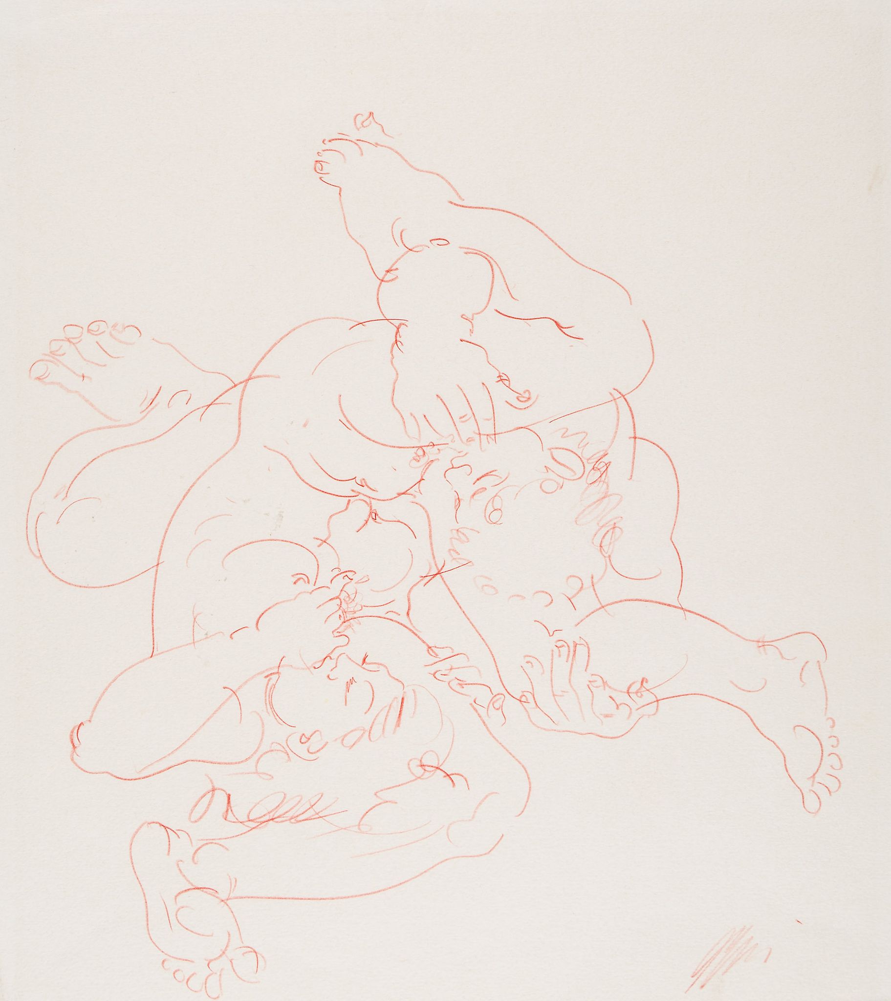 Erni (Hans) - A pair of erotic drawings of couples,   one in green crayonn, the other in red, each