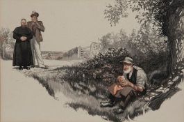 Illingworth (Leslie Gilbert) - Roadside Break,   pen and black ink with wash, 315 x 470mm., signed