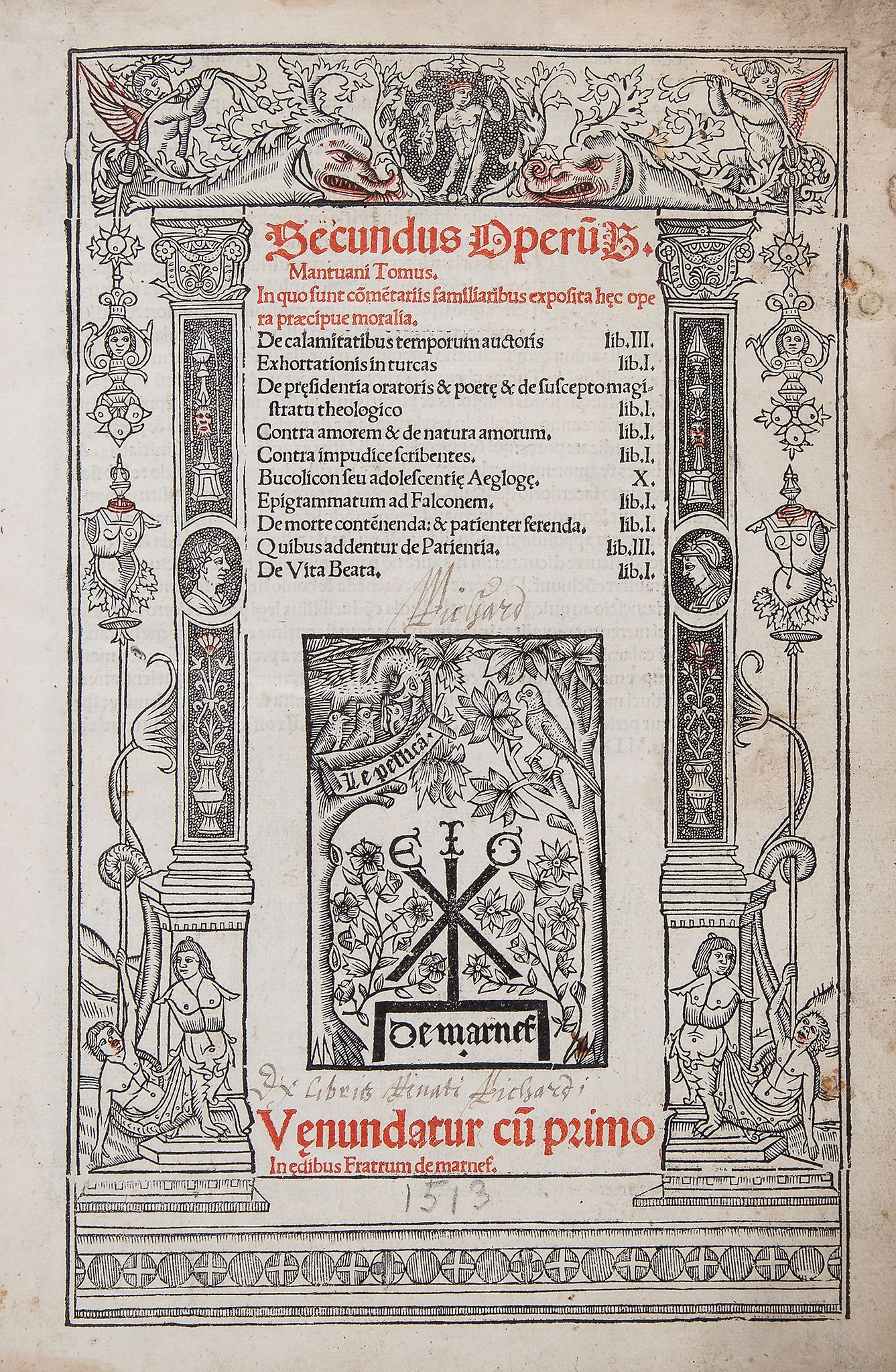 Baptista Mantuanus. - Secundus Operu[m] B. Mantuani Tomus,  vol. 2 only, of 3, 2 parts in 1