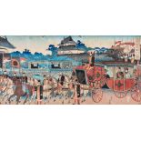 Toyohara Chikanobu. - The Emperor in a carriage procession,  oban triptych,   colour-printed