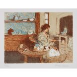 Bernard Dunstan (b.1920) - A Woman Seated Stoking her Aga lithograph printed in colours, signed in