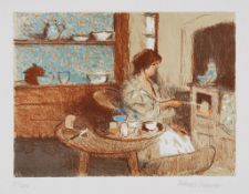 Bernard Dunstan (b.1920) - A Woman Seated Stoking her Aga lithograph printed in colours, signed in