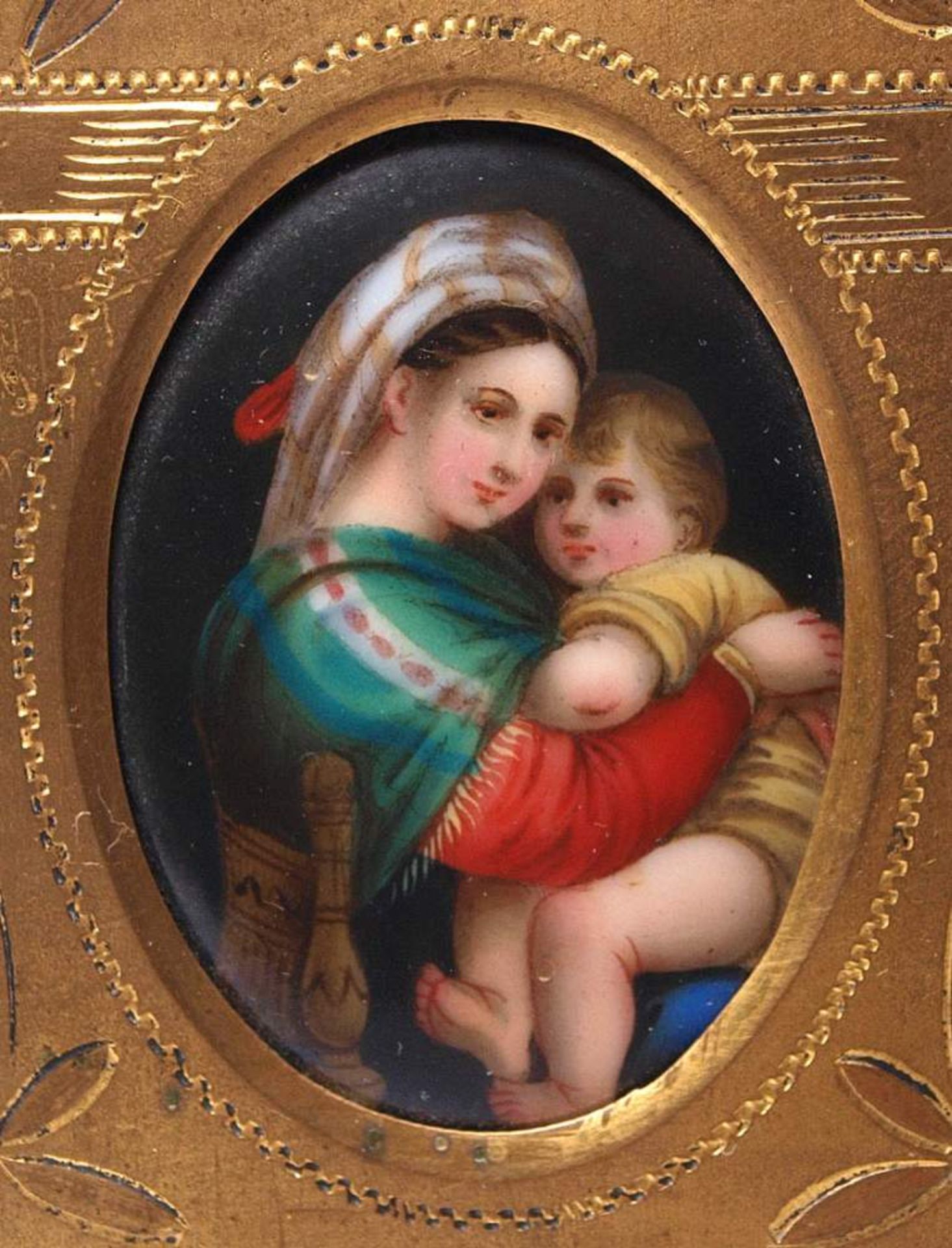 Miniatur, 19.Jhdt.Madonna della Sedia nach Raffael. Feine Malerei auf Porzellan. Gravierter - Bild 2 aus 3