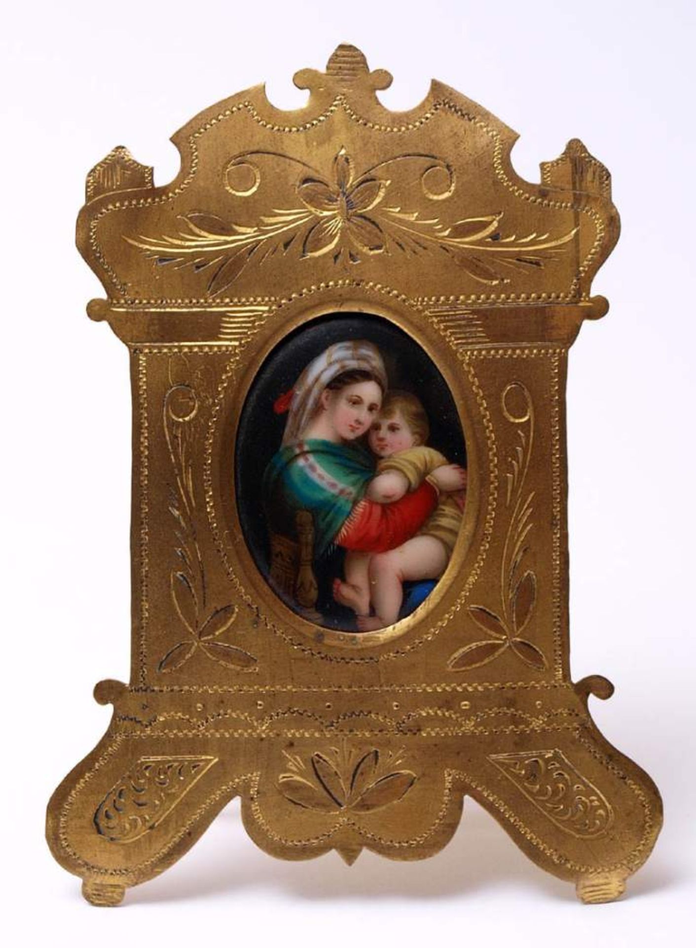 Miniatur, 19.Jhdt.Madonna della Sedia nach Raffael. Feine Malerei auf Porzellan. Gravierter