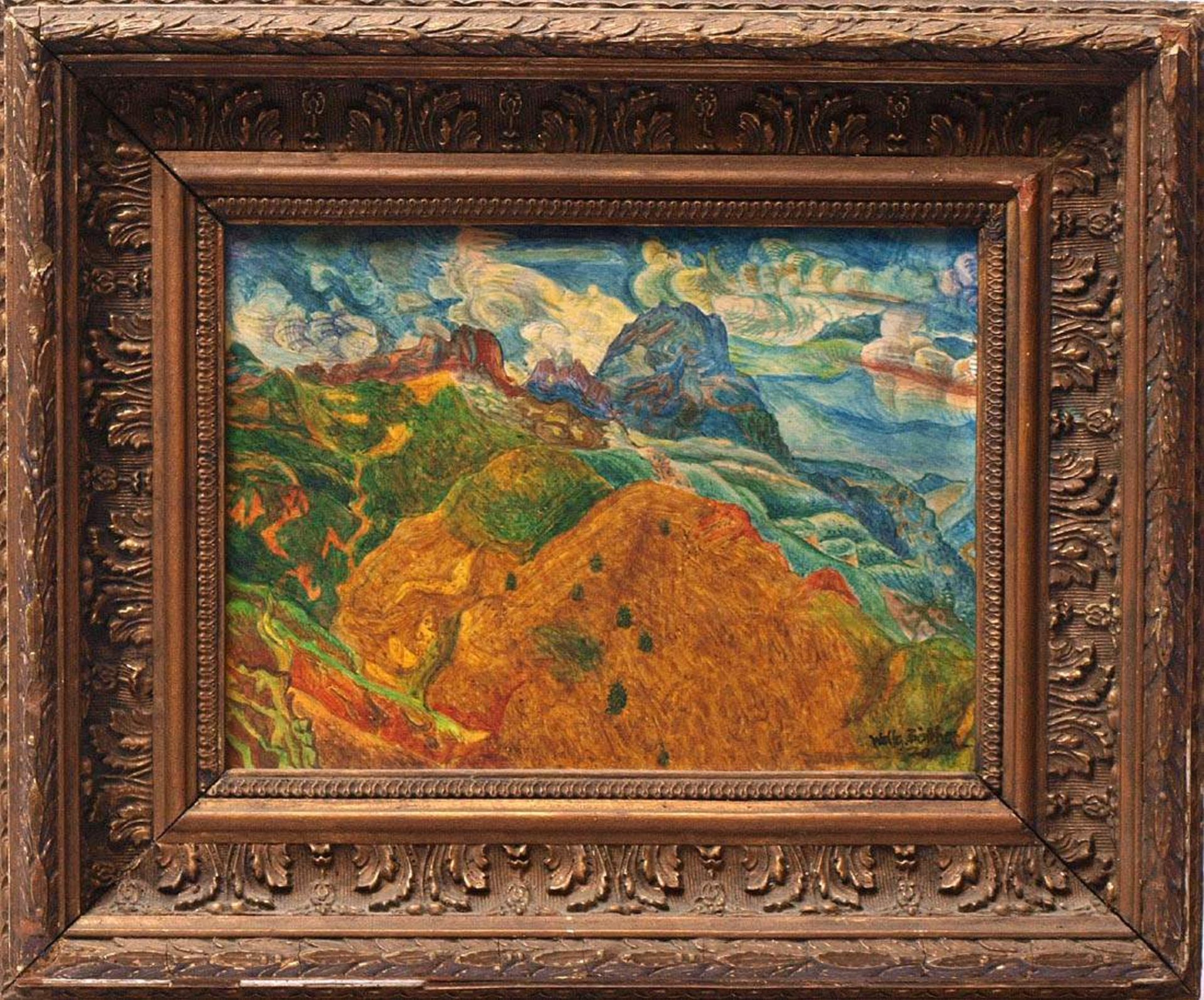 Böttcher, Wolfgang, geb. 1948Gebirgige Landschaft in abstrahierender Malerei. Tempera/Kt., rechts