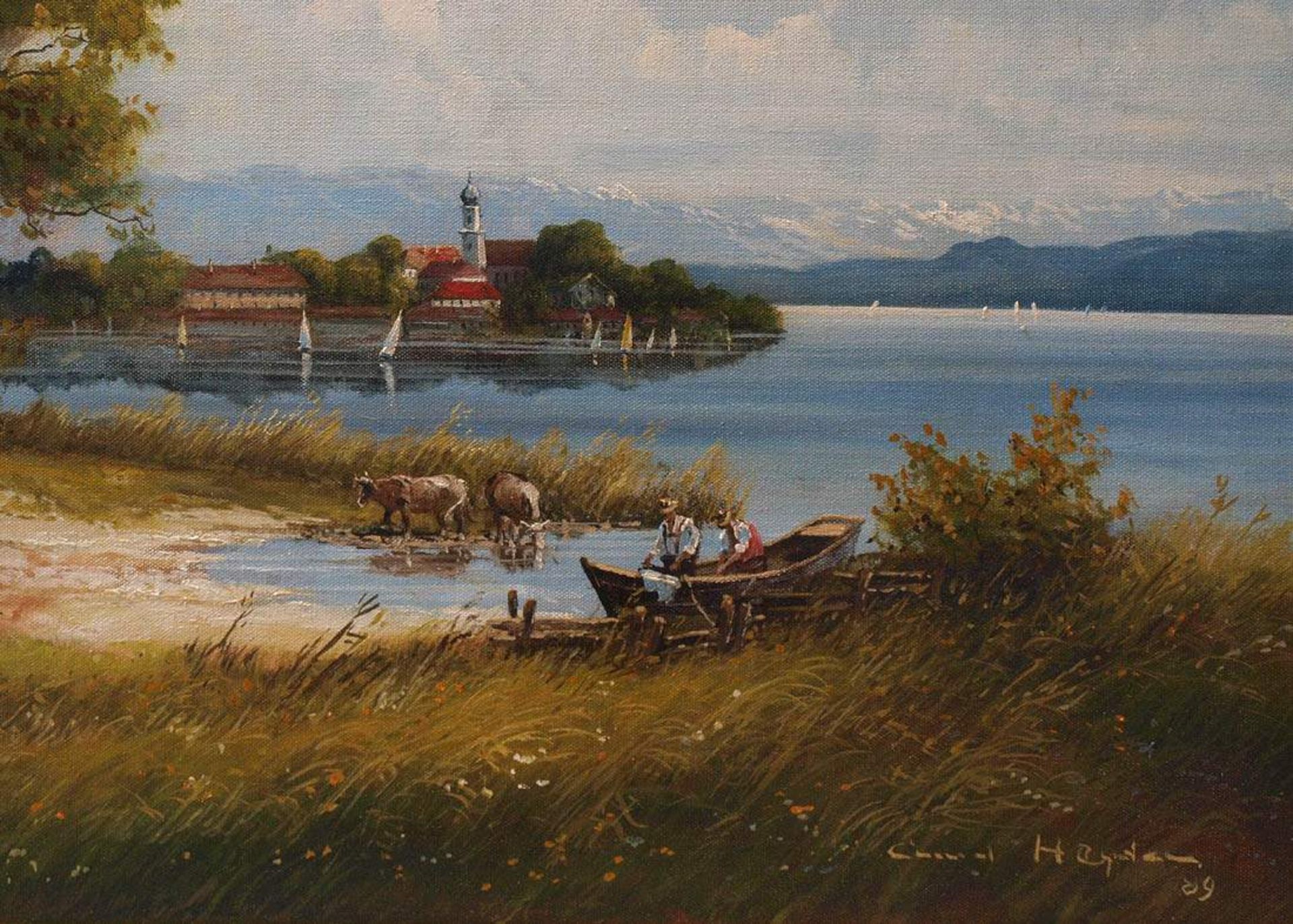 Heyden, Curd, geb. 1936Blick über den Bodensee auf Lindau, im Hintergrund die Alpen. Im Vordergund - Bild 10 aus 15