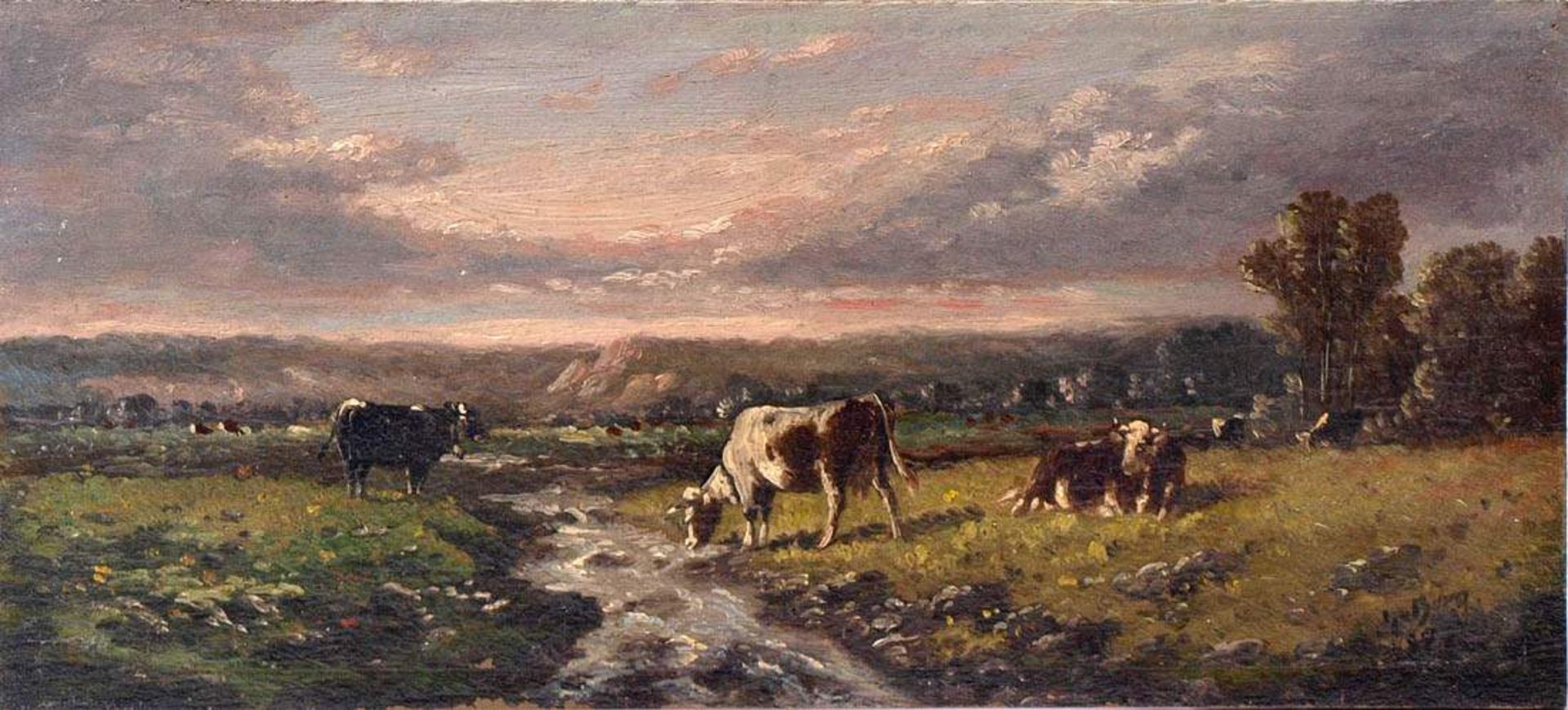 v.Bury, G., 19.Jhdt.Drei Kühe auf der Weide neben einem Bachlauf bzw. vier Kühe am Fluss neben einer