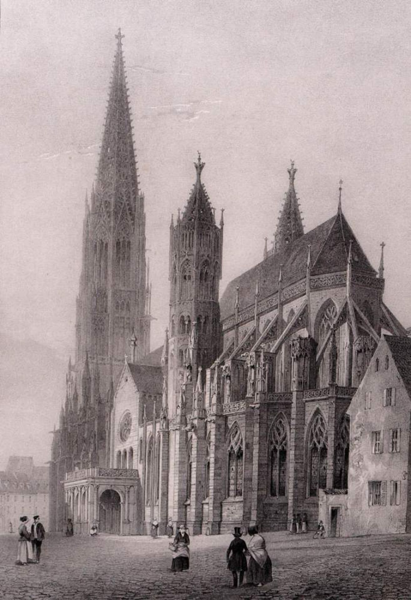 Ansicht des Freiburger MünstersVom Chor aus gesehen, mit Figurenstaffage. Lithographie, ger. - Bild 2 aus 5