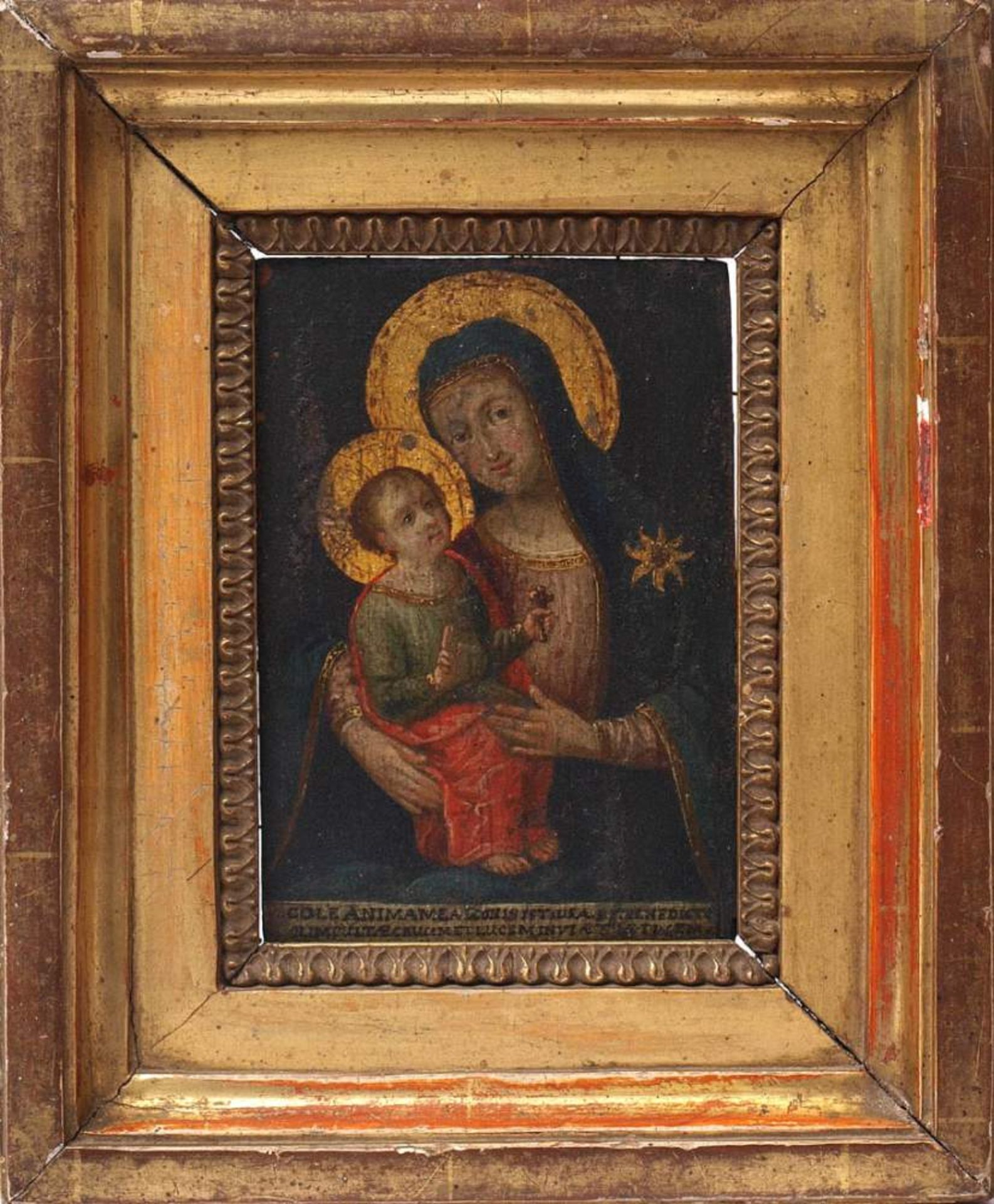 Madonnenbildnis, 18.Jhdt.Bildnis der sitzenden Madonna mit goldenem Heiligenschein, auf dem