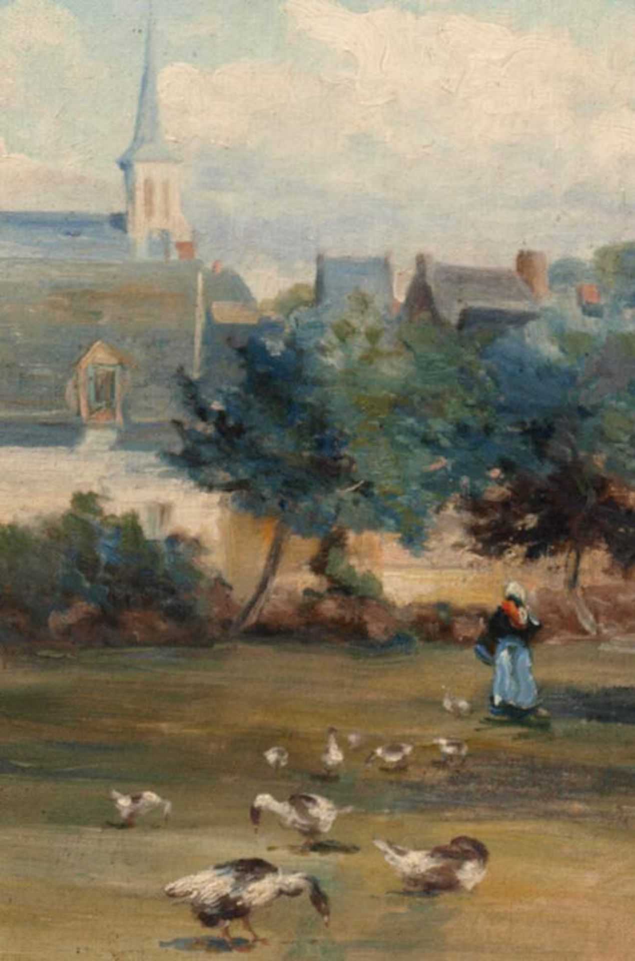 Lempreier, dat.1892Kleines Dorf mit Kirche unter sommerlichem Himmel. Im Vordergrund auf einer Wiese - Bild 3 aus 5