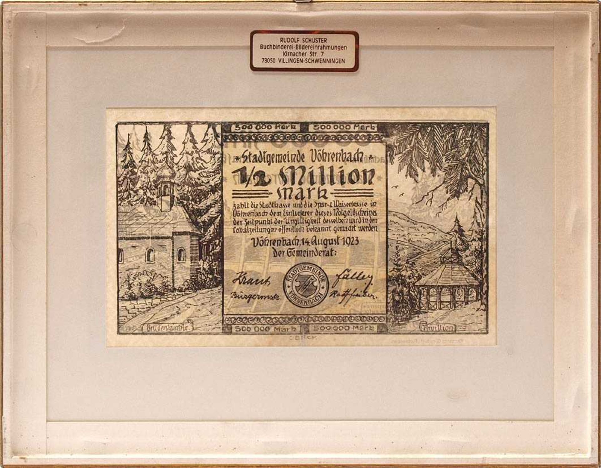 Notgeld, Stadt Vöhrenbach, von 1923Nennwert 1/2 Millionen Reichsmark. Doppelseitig ger. Außenmaß des - Bild 2 aus 2