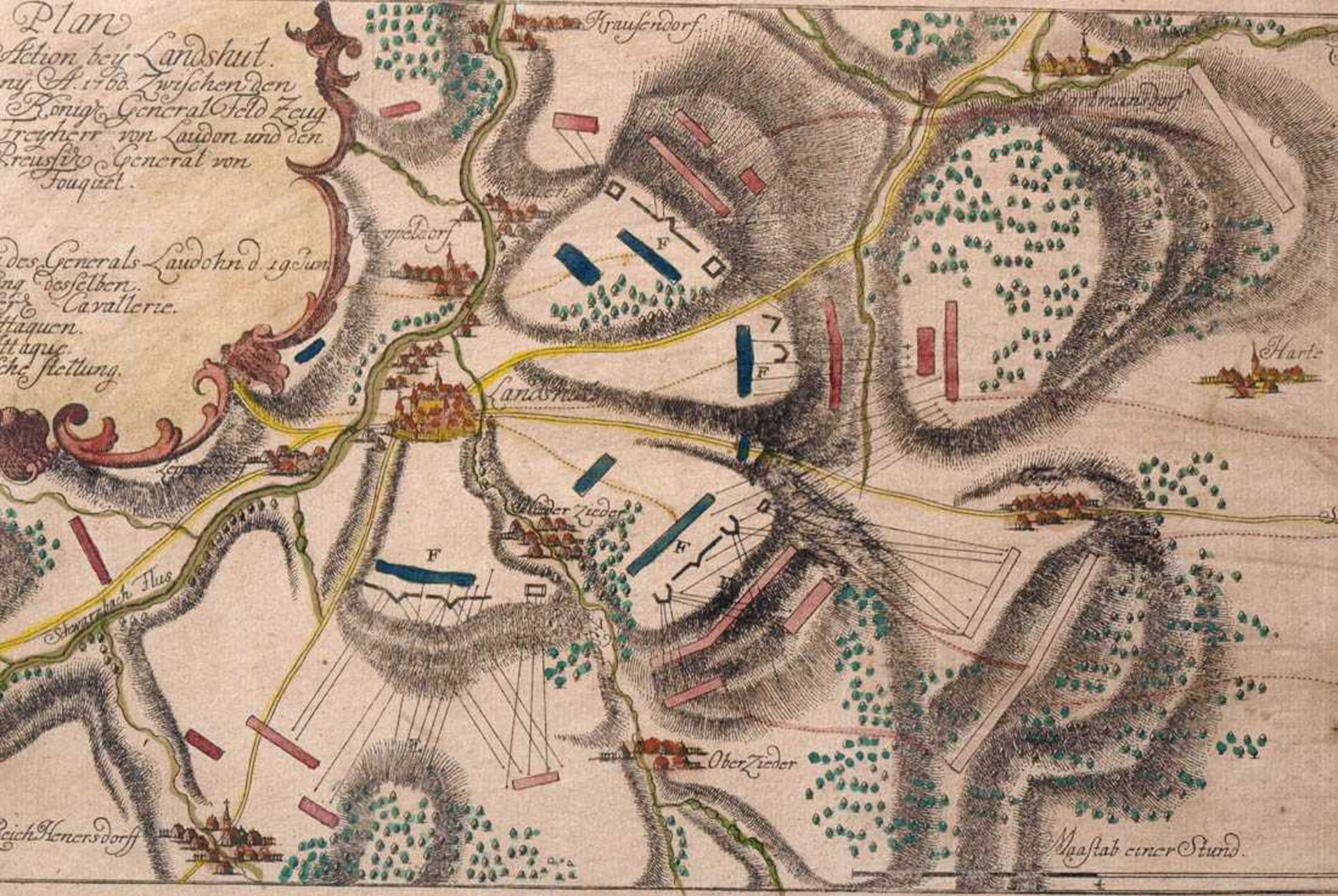 Raspe, dat. 1760Karte der Schlacht bei Landshut zwischen Österreich und Preußen. Koloriert, ger. - Bild 2 aus 2