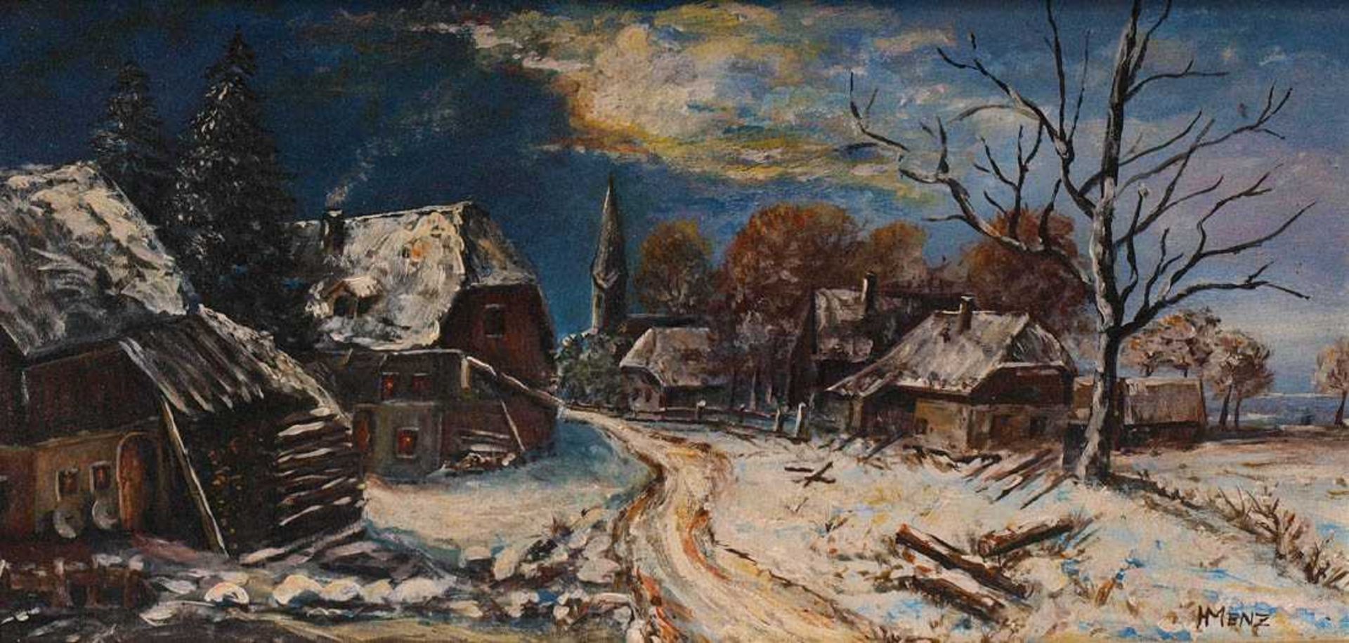 Menz, H.Verschneites Dorf unter winterlichem Himmel. Öl/Platte, rechts unten sign., ger. Bildgröße - Bild 2 aus 4