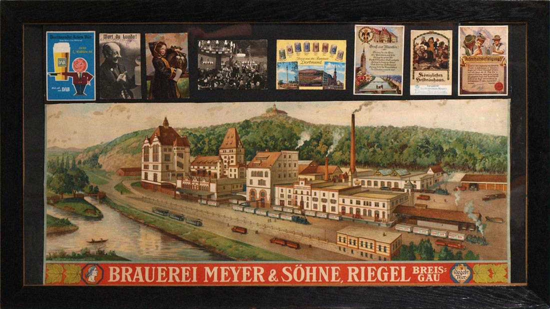 Werbeplakat, um 1920Brauerei Meyer & Söhne, Riegel. Darüber acht gelaufene Postkarten zum Thema