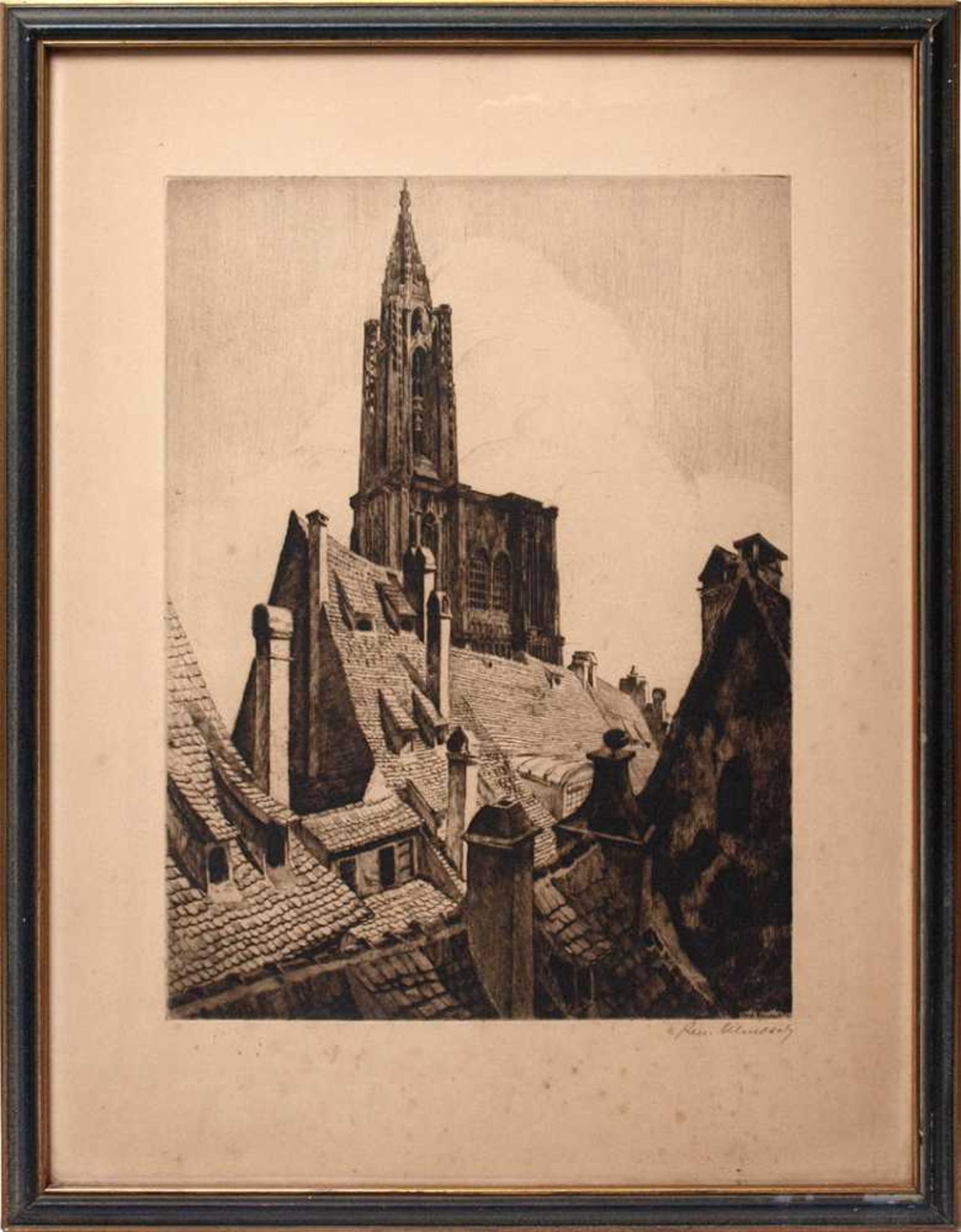 Allenbach, Rene, 1889 - 1958Dächerlandschaft in Straßburg mit den Türmen des Münsters. Radierung.