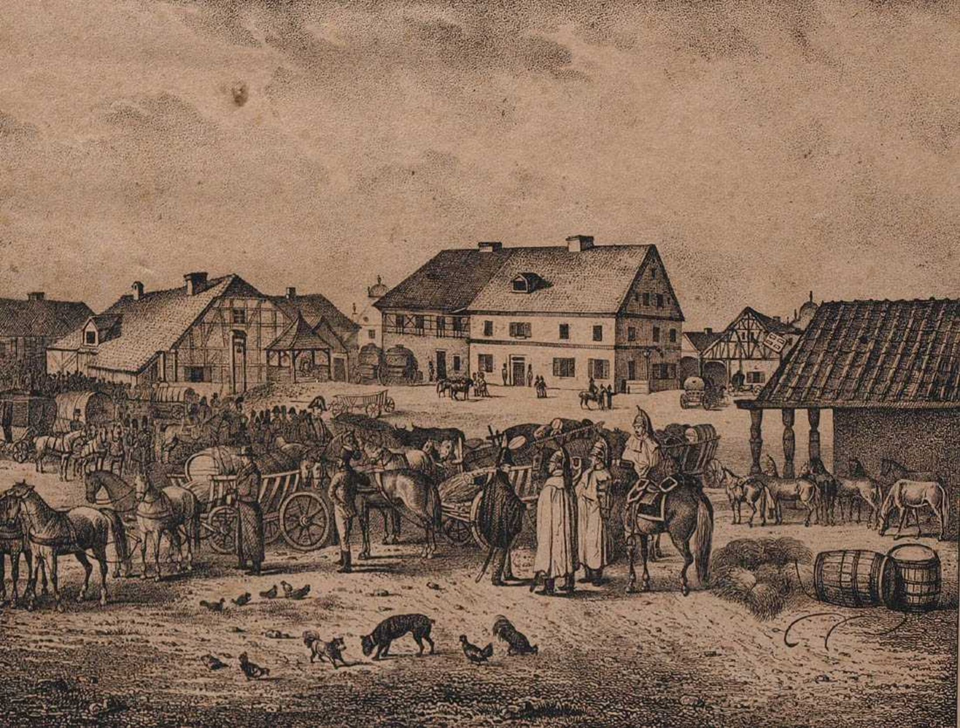 Lithographie, 19.Jhdt.Hauptquartier der napoleonischen Truppen in Sensburg (Ostpreußen) im Juni - Bild 2 aus 2