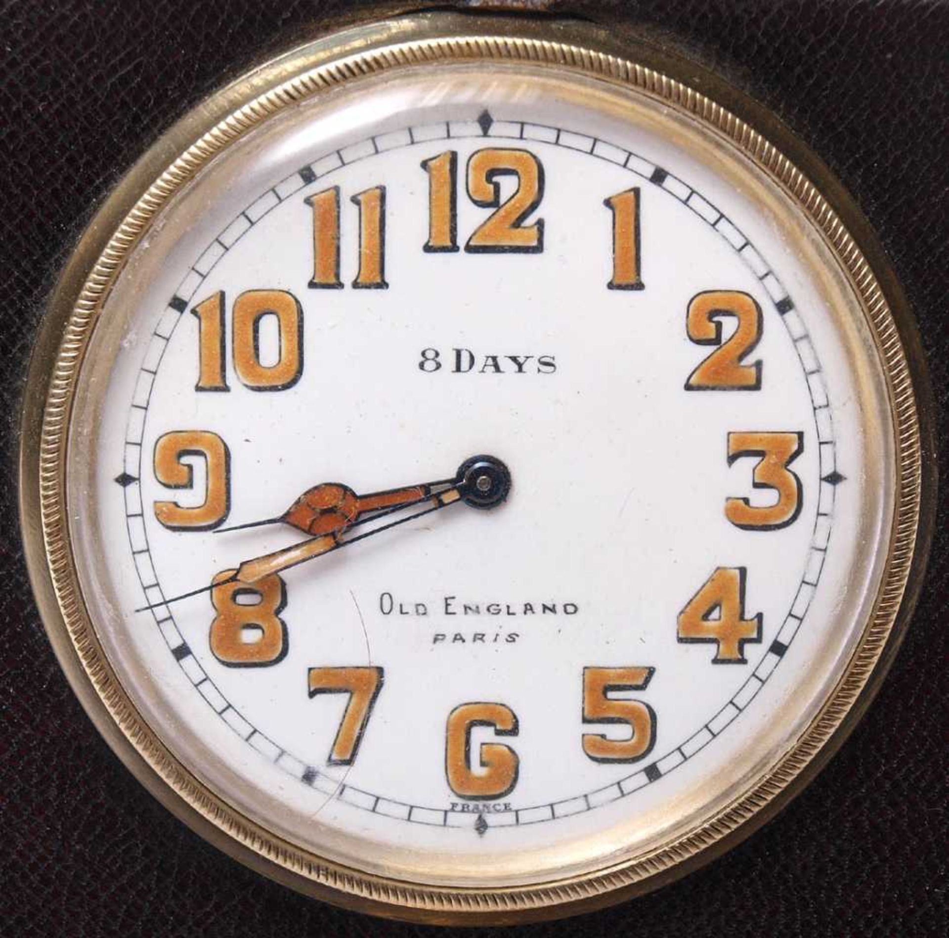 Reisewecker, Frankreich, 19.Jhdt.In braunem Lederetui eingelassene Uhr mit Kronenaufzug und - Bild 4 aus 5
