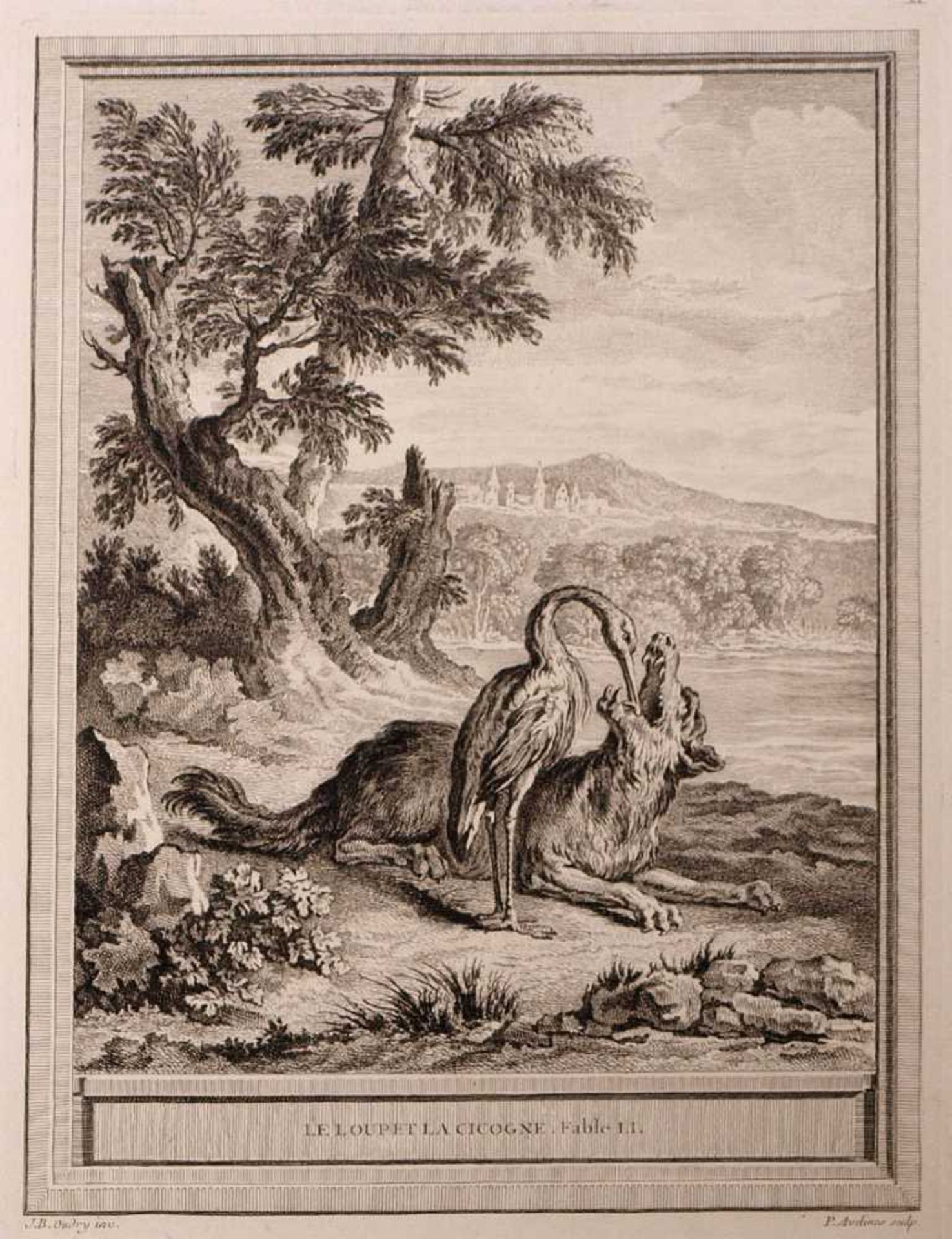 Kupferstich, 18./19.Jhdt.Illustration zur Fabel "Der Wolf und der Storch". Blattgröße 39x26,5cm.