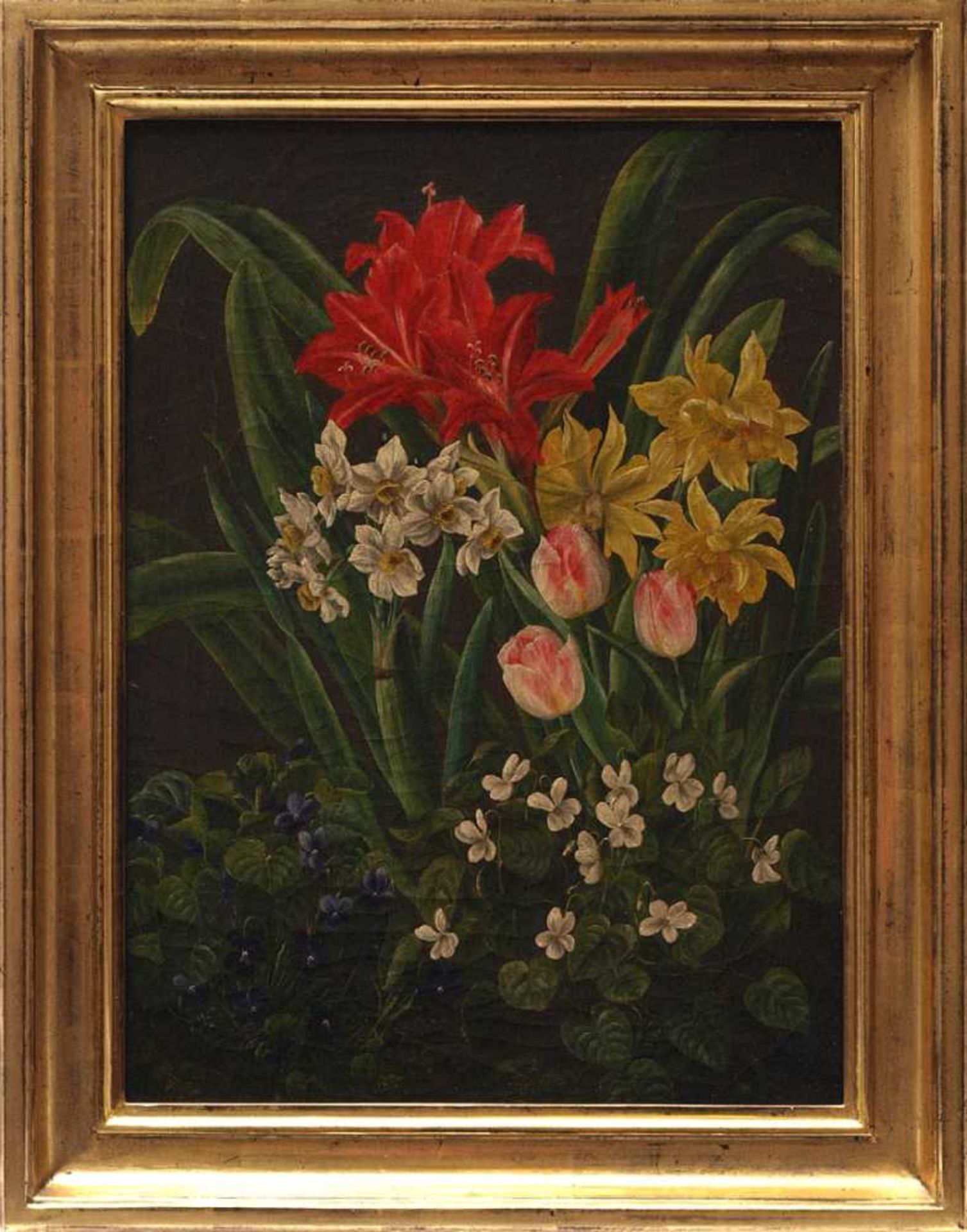 Jensen, Johann Laurenz, 1800 - 1856 (attr.)Stilleben mit Frühlingsblumen. Öl/Lwd., in Goldleiste