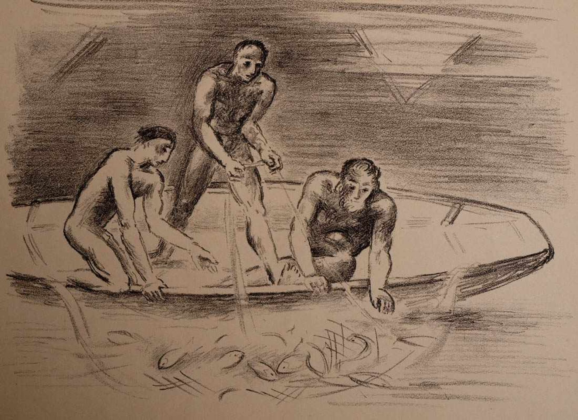 Pelligrini, Alfred Heinrich, 1881 - 1958 Drei unbekleidete Männer im Boot beim Fischfang. - Bild 2 aus 3