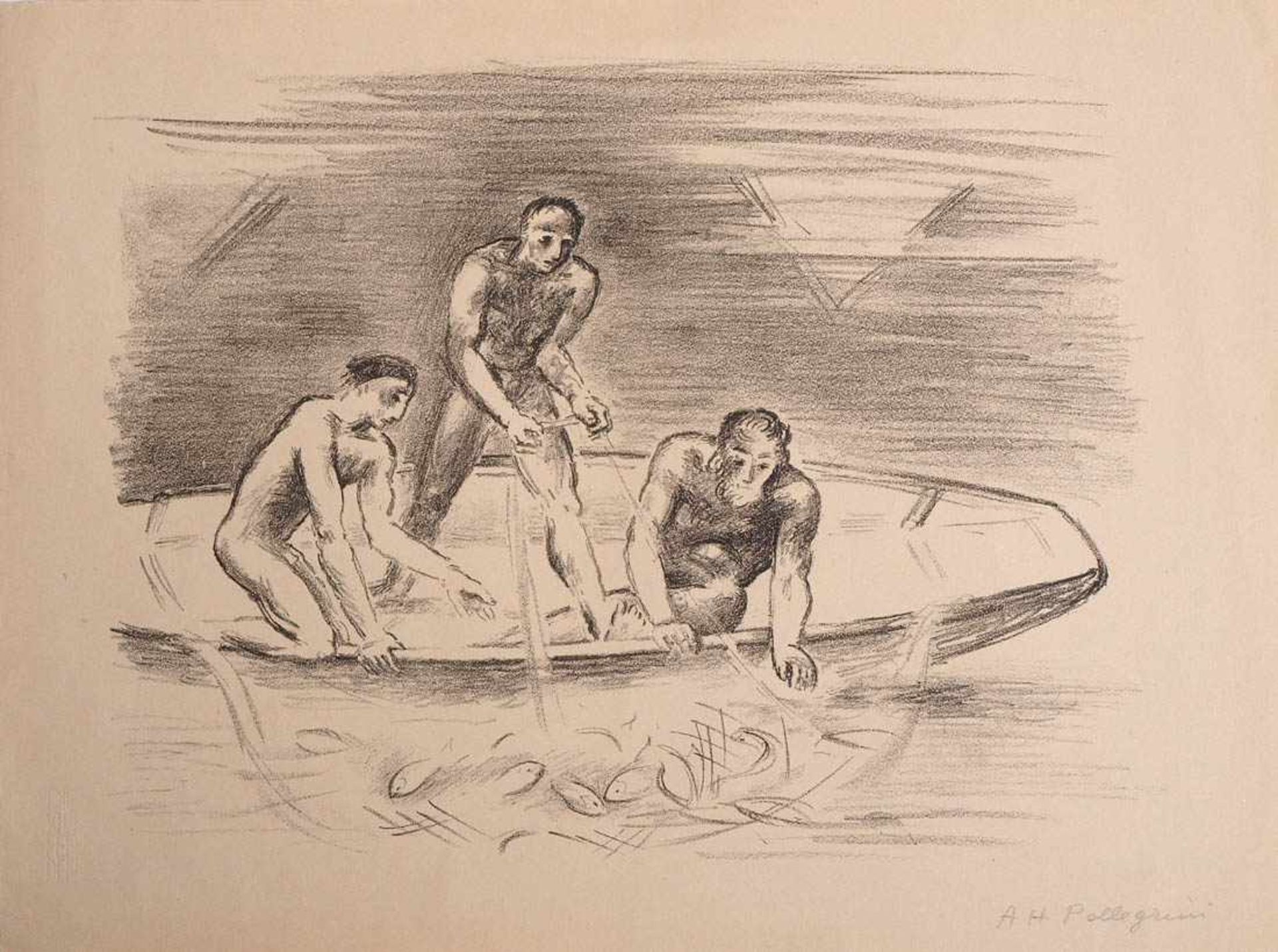 Pelligrini, Alfred Heinrich, 1881 - 1958 Drei unbekleidete Männer im Boot beim Fischfang.