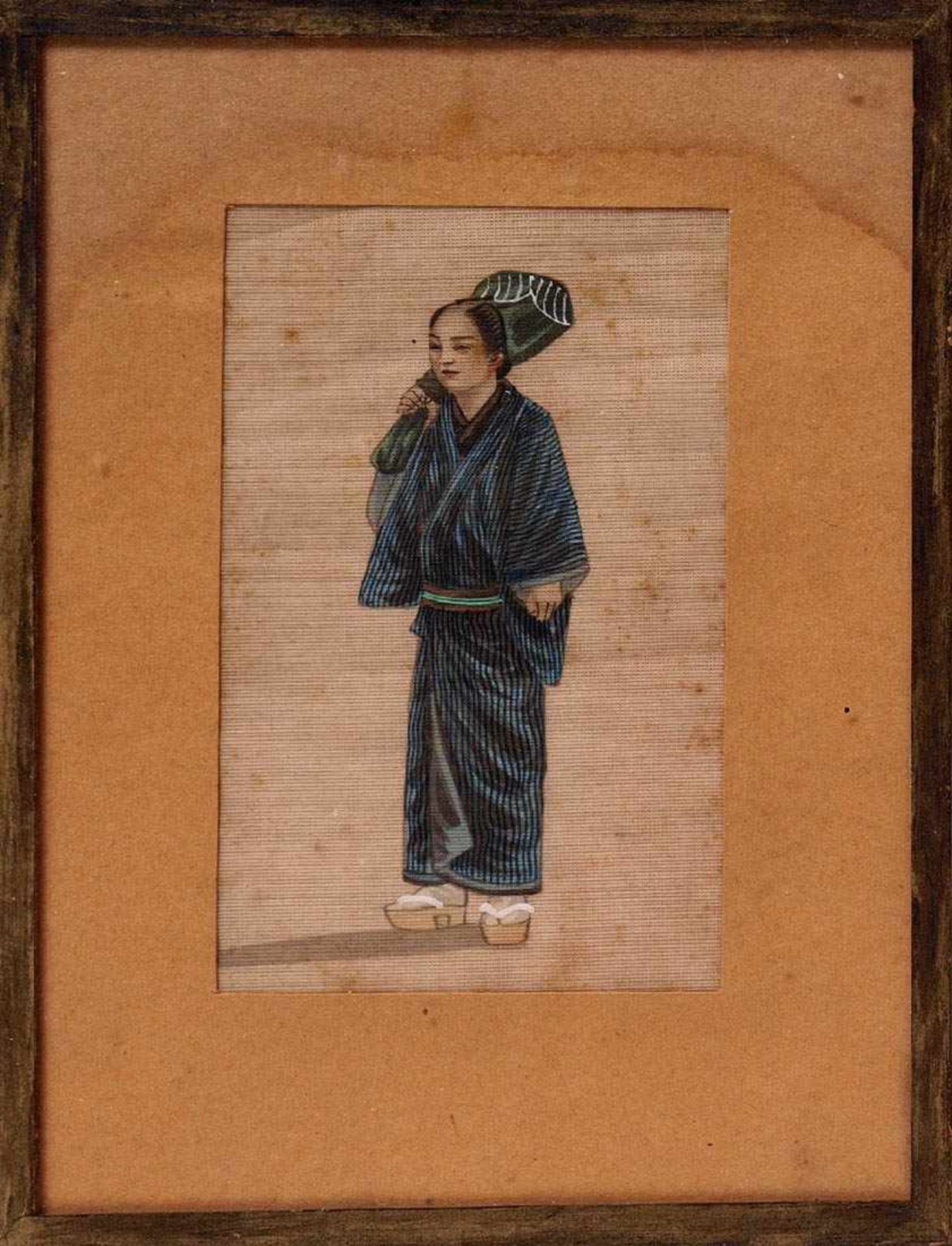 Aquarell, Japan, 19.Jhdt. Vornehmer junger Mann, auf der Schulter seinen Tennisschläger tragend.