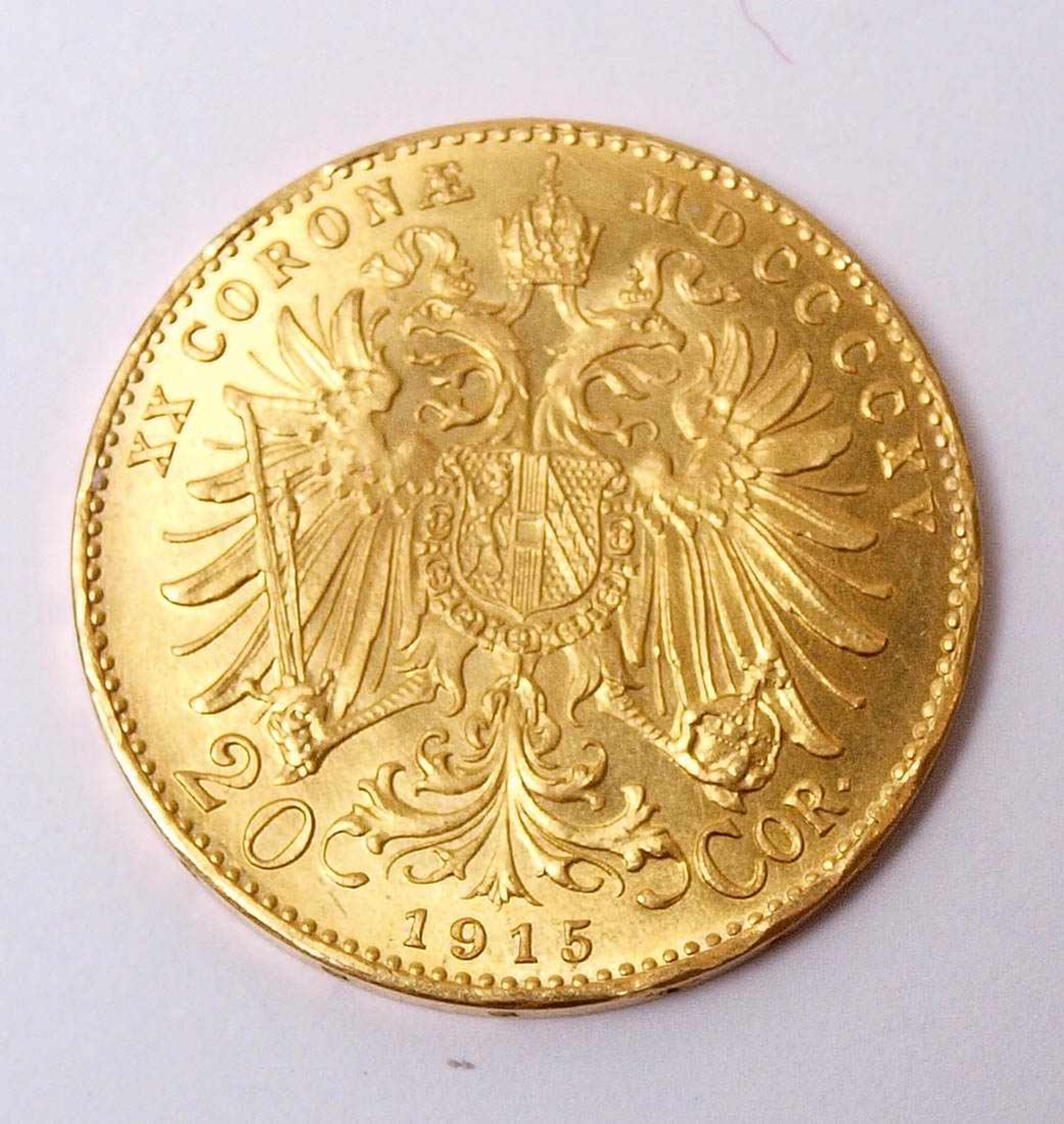 20-Kronen-Münze, Österreich, dat. 1915 Sehr guter Erhaltungszustand. Gew. ca. 7g. - Bild 2 aus 2