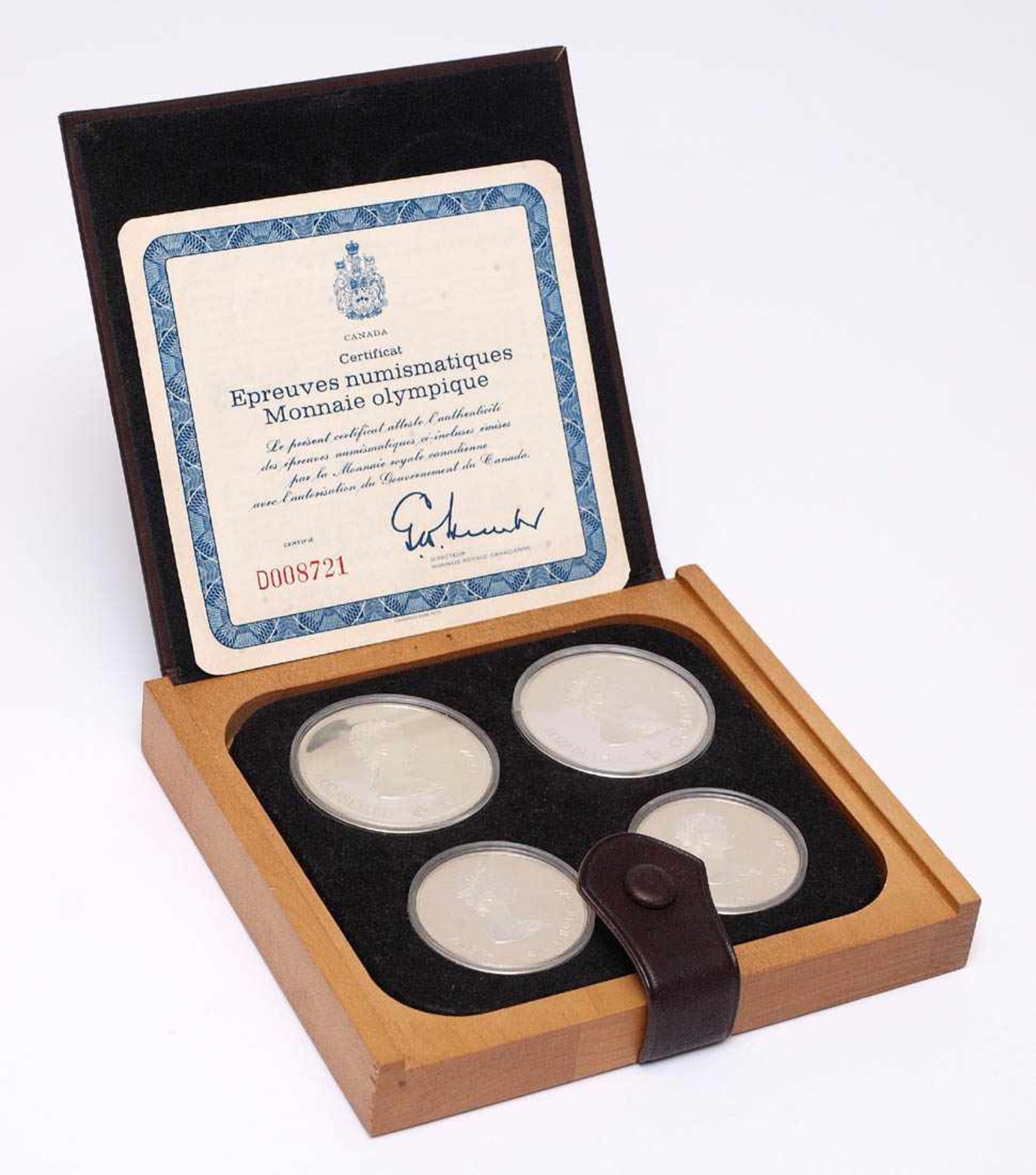 Vier kanadische Olympiamünzen aus dem Jahr 1972 Limitierte Auflage. Mit Zertifikat, im originalen