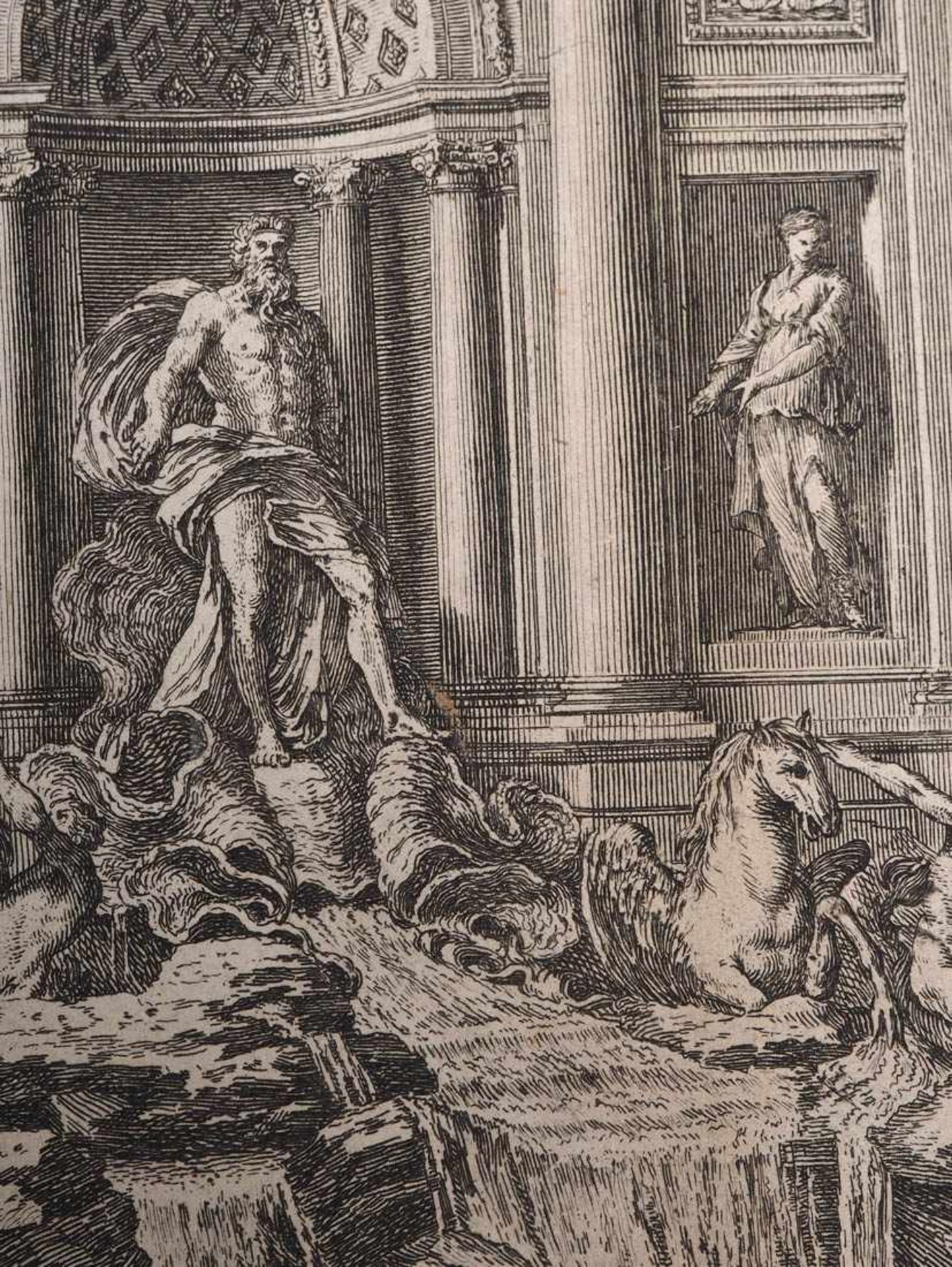 Kupferstich, 18.Jhdt. Blick auf den Trevi-Brunnen in Rom mit reicher Figurenstaffage. Ränder - Bild 2 aus 3