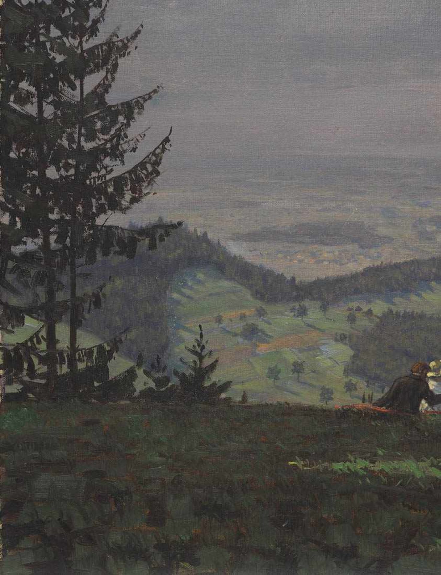 Dieter, Hans, 1881 - 1968 Vier lagende Personen auf einer Bergwiese, im Hintergrund Blick über die - Bild 4 aus 7