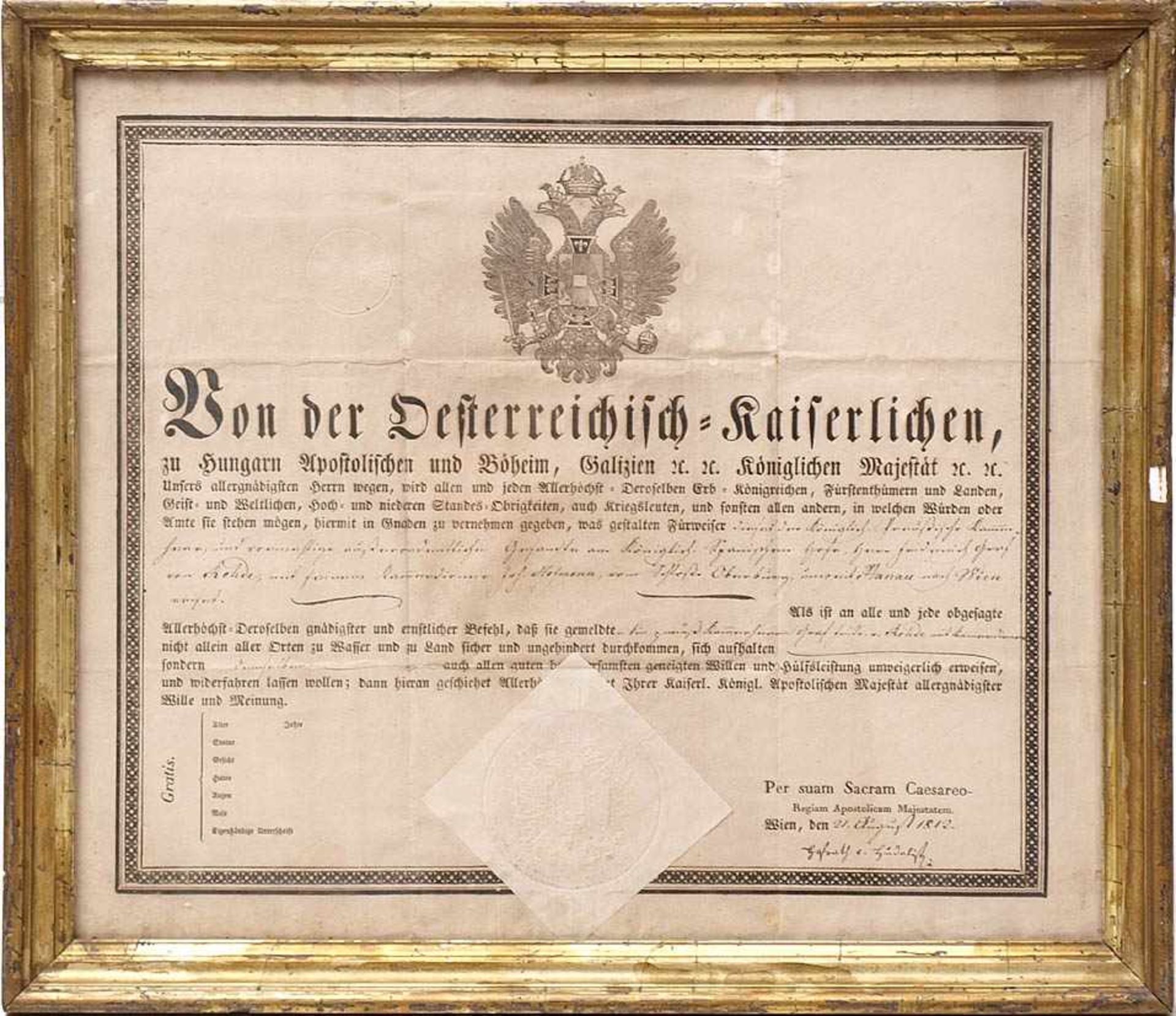 Reiseschutzbrief, dat. 1812 Schutzbrief des Kaisers von Österreich mit großem Papiersiegel. In