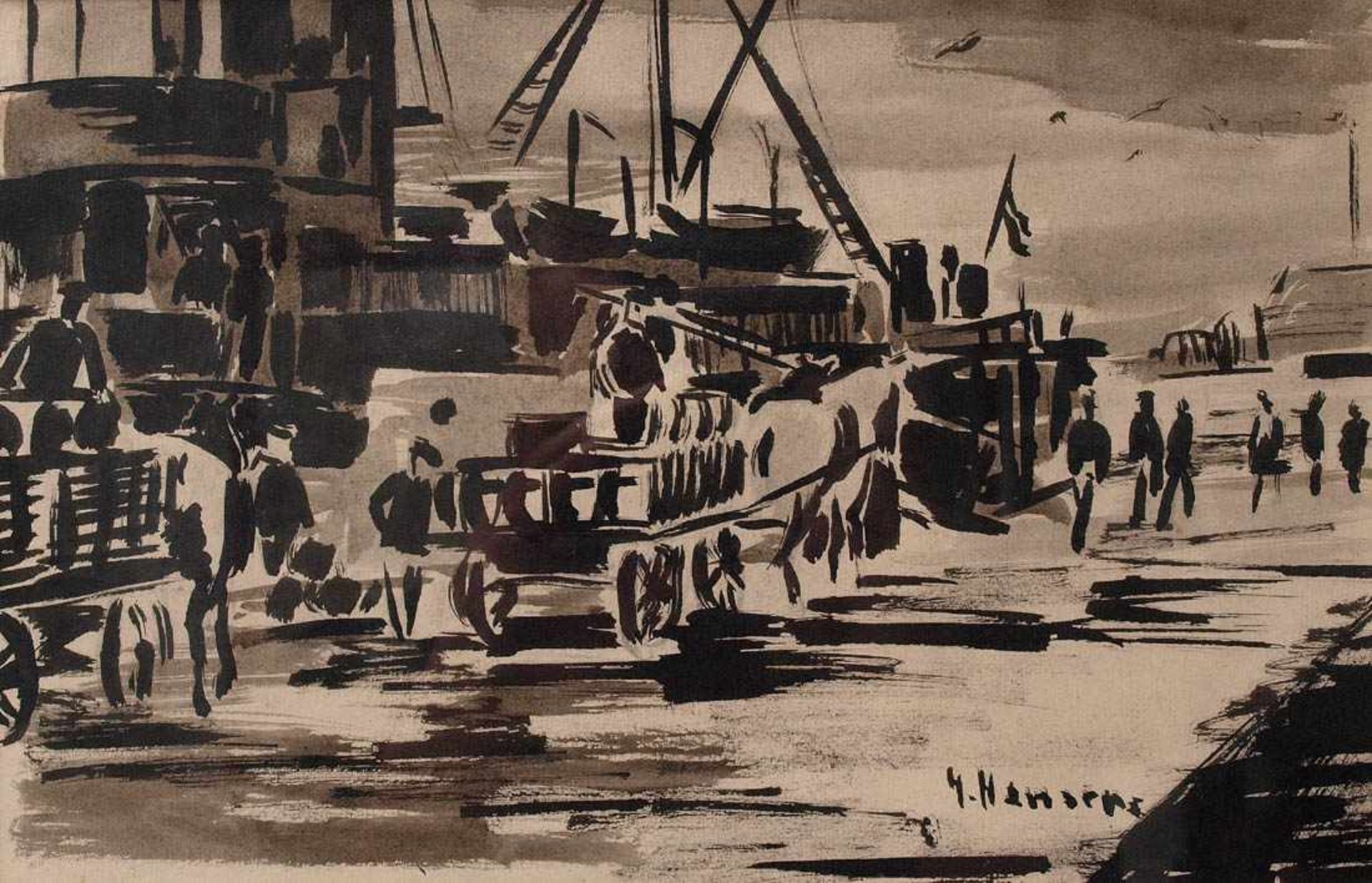 Hansen, H., 30er Jahre Hafenszene mit Pferdegespannen und Figurenstaffage. Tusche, rechts unten - Bild 2 aus 3