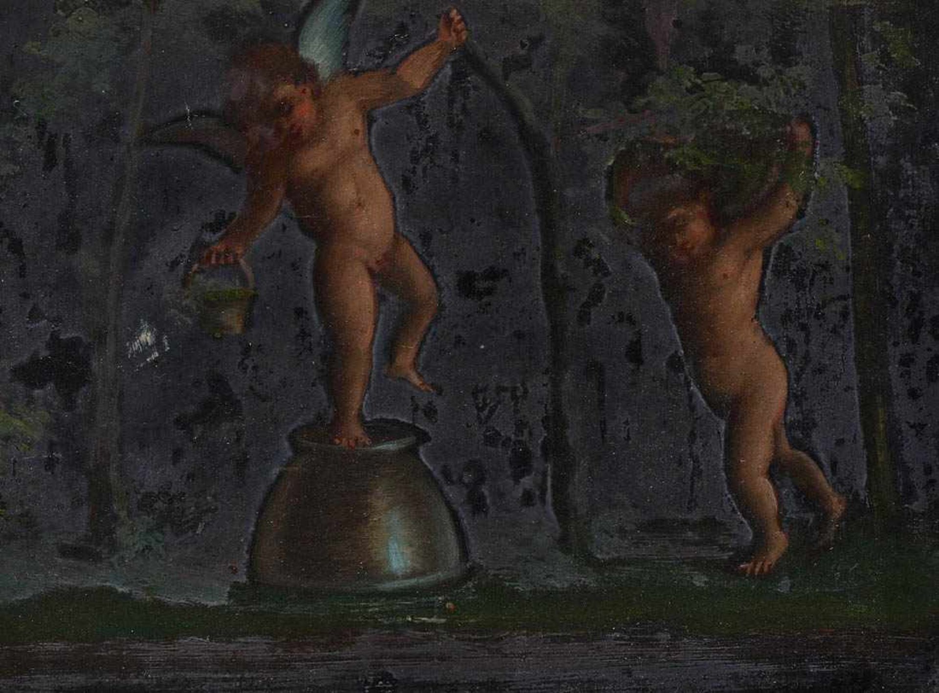 Unbekannter Künstler Drei Putti bei der Weinlese. Öl/Kt., Blattgoldrahmen. Bildmaß 24x36cm. - Bild 4 aus 5