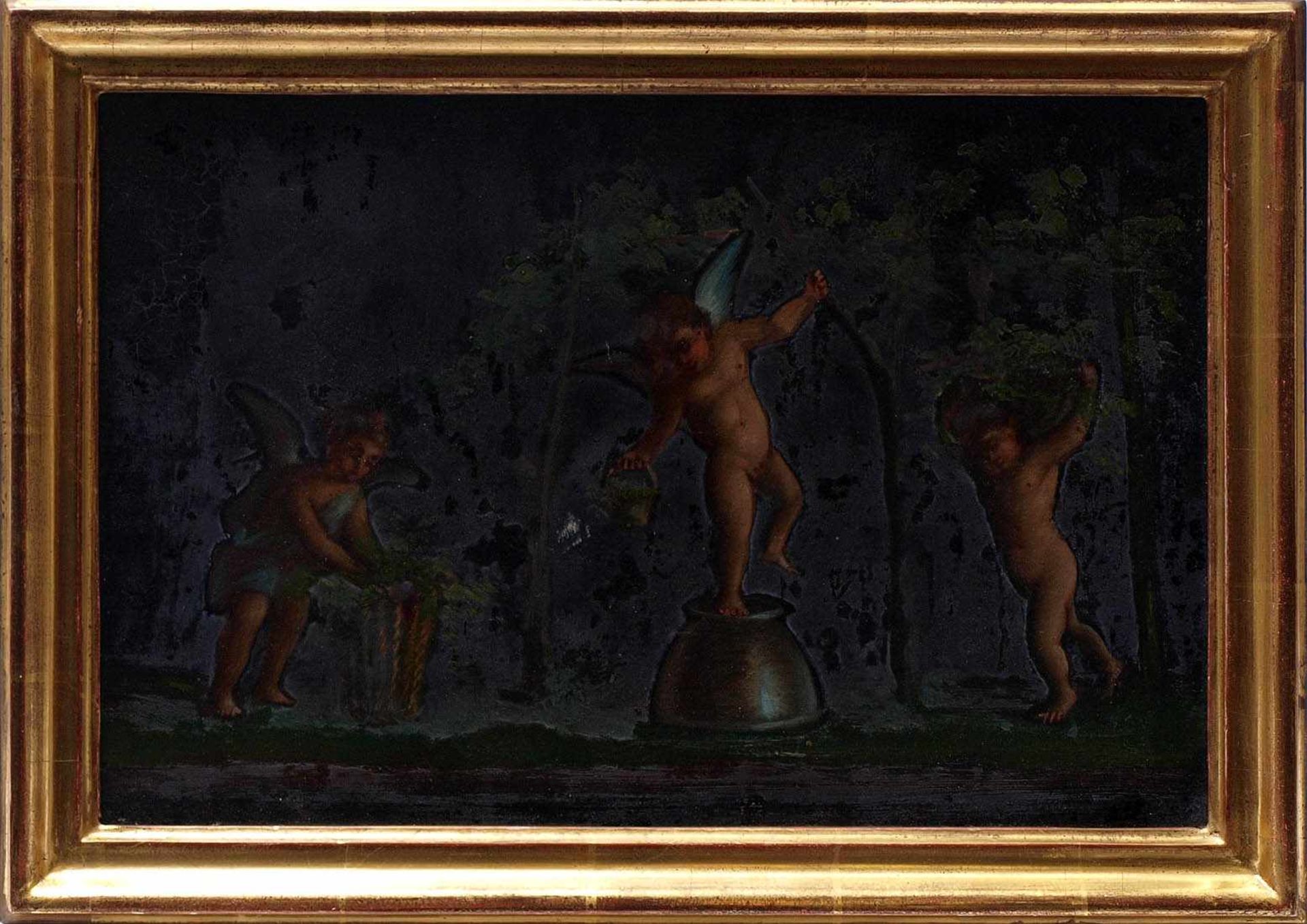 Unbekannter Künstler Drei Putti bei der Weinlese. Öl/Kt., Blattgoldrahmen. Bildmaß 24x36cm.