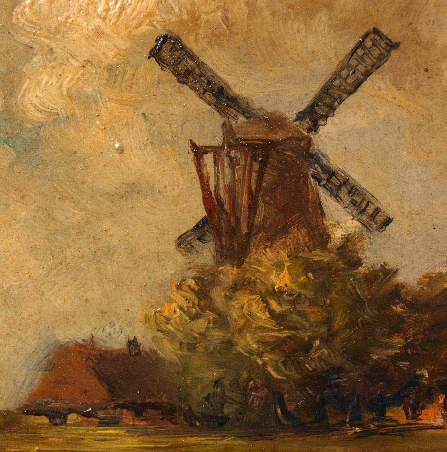 Horn, Josef, 1902 - 1951 Großes, reetgedecktes Gehöft mit Windmühle unter gewittrigem Himmel. Öl/ - Bild 4 aus 5