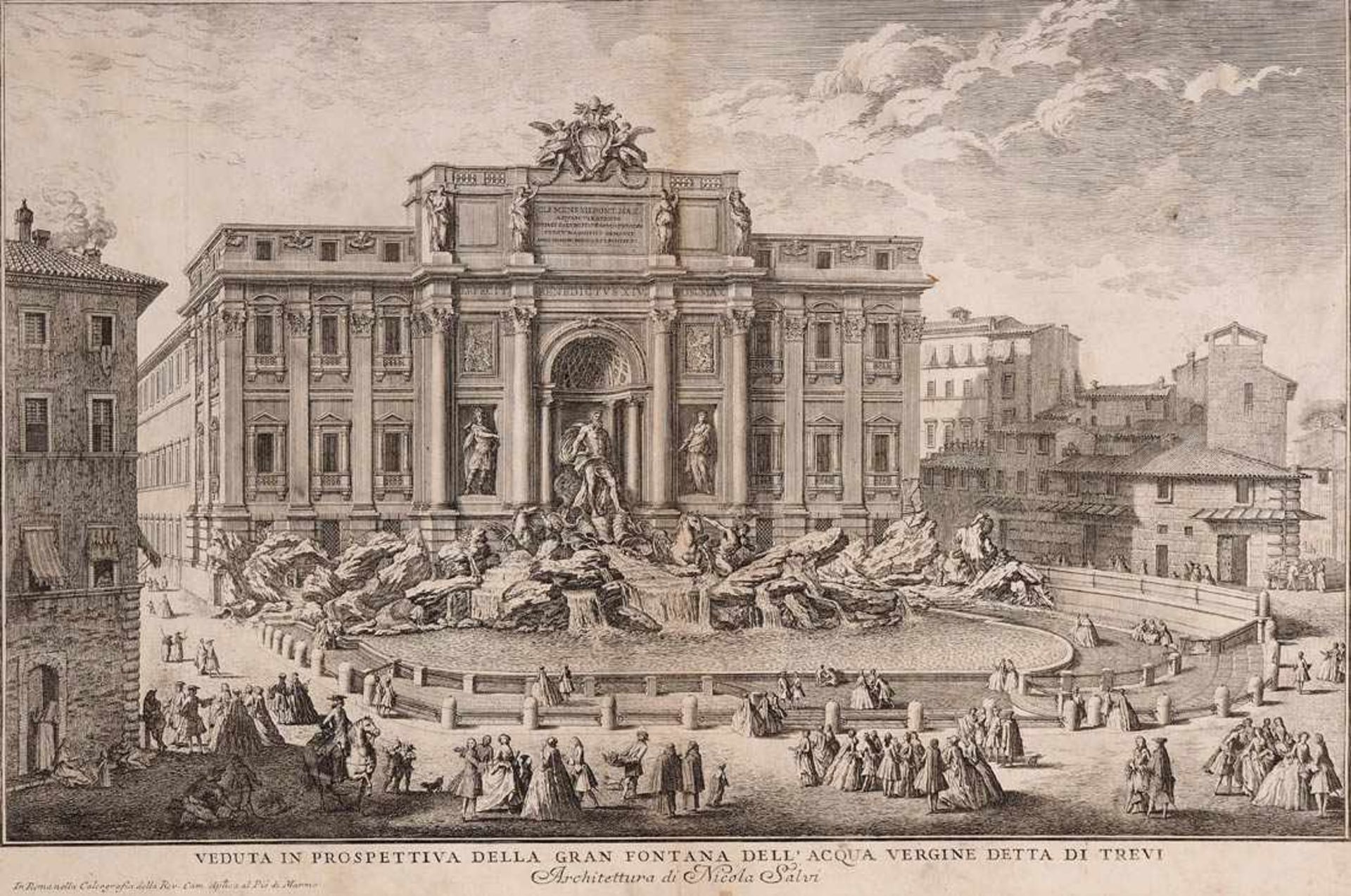 Kupferstich, 18.Jhdt. Blick auf den Trevi-Brunnen in Rom mit reicher Figurenstaffage. Ränder