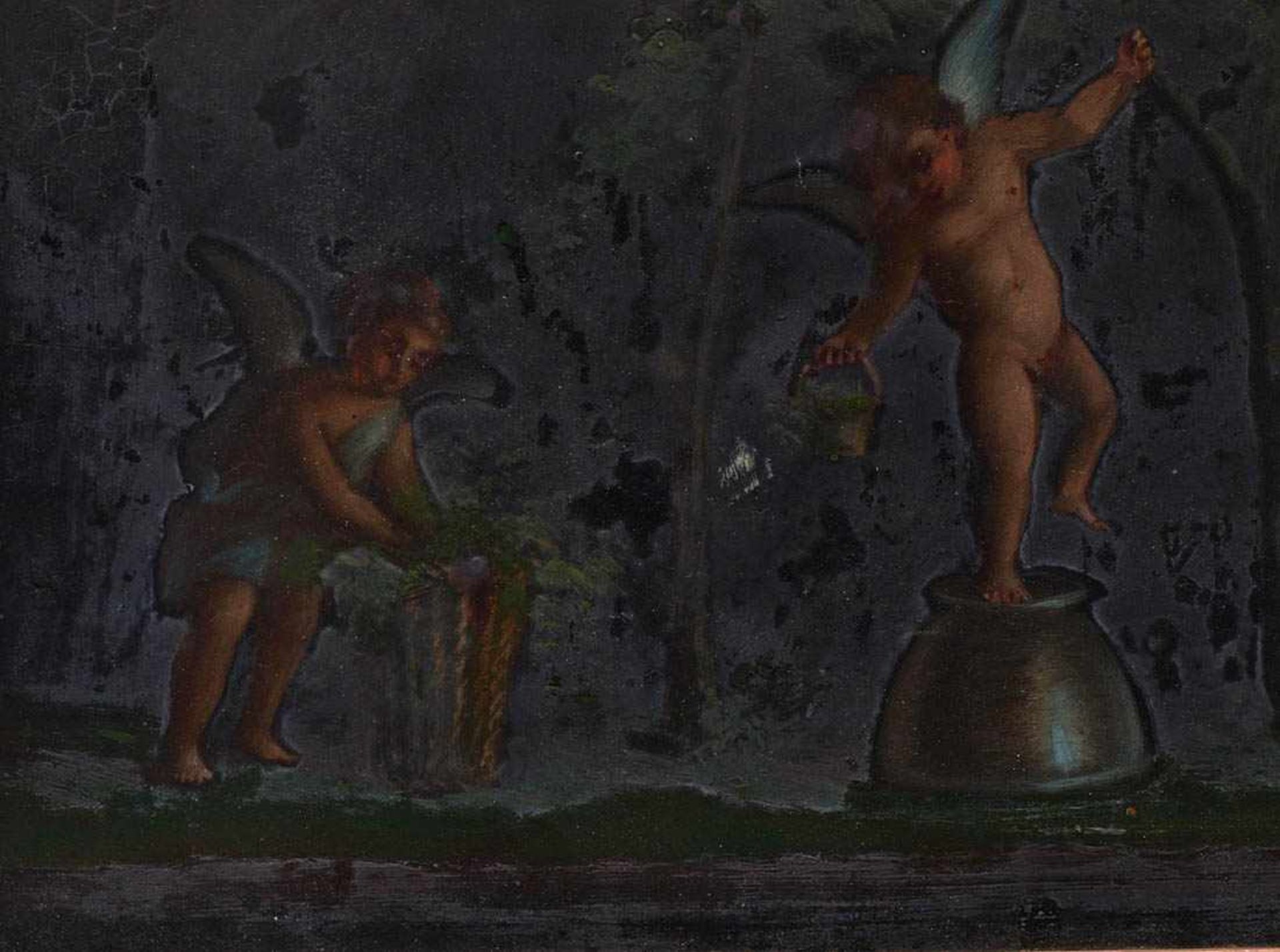 Unbekannter Künstler Drei Putti bei der Weinlese. Öl/Kt., Blattgoldrahmen. Bildmaß 24x36cm. - Bild 5 aus 5