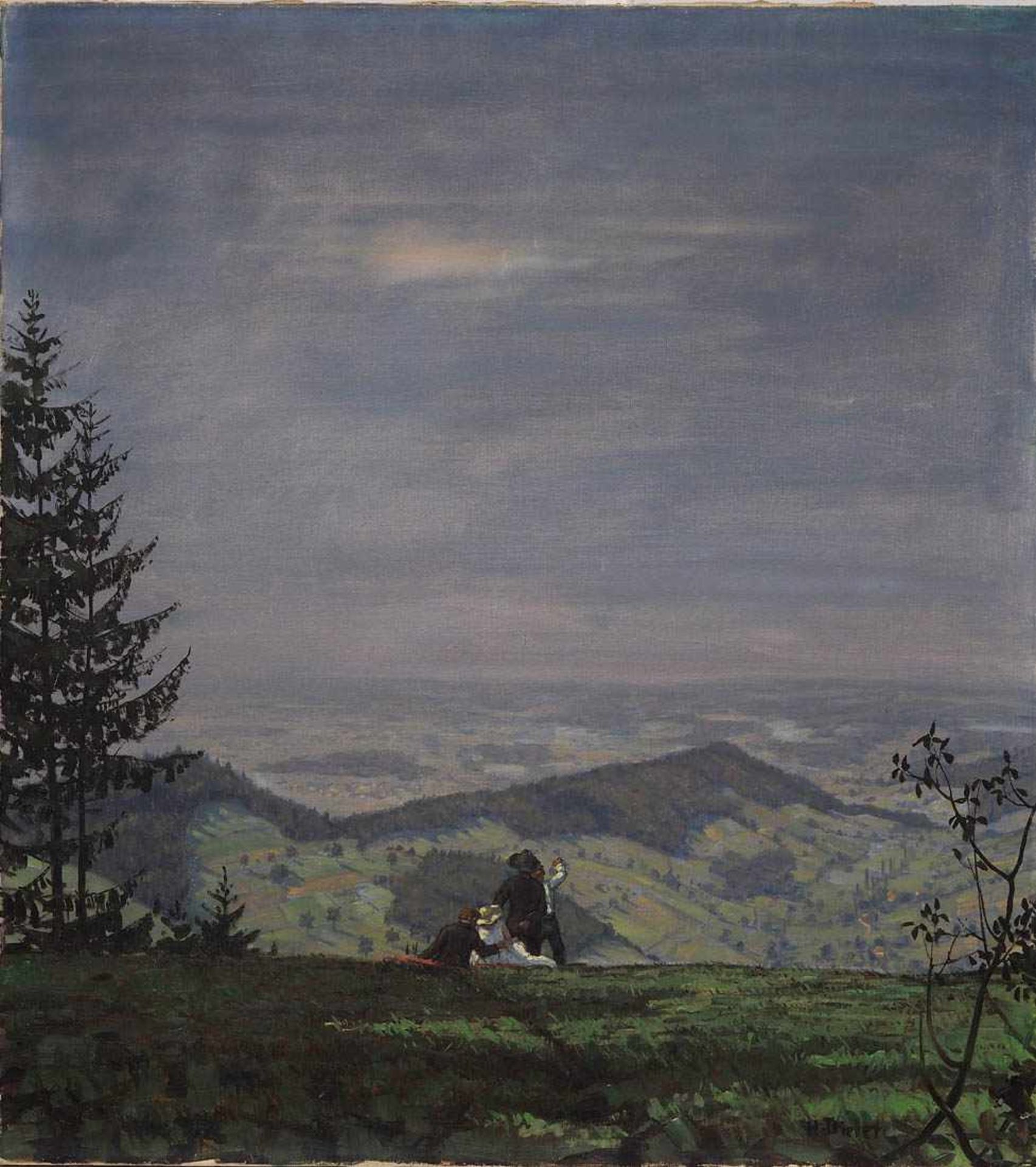 Dieter, Hans, 1881 - 1968 Vier lagende Personen auf einer Bergwiese, im Hintergrund Blick über die