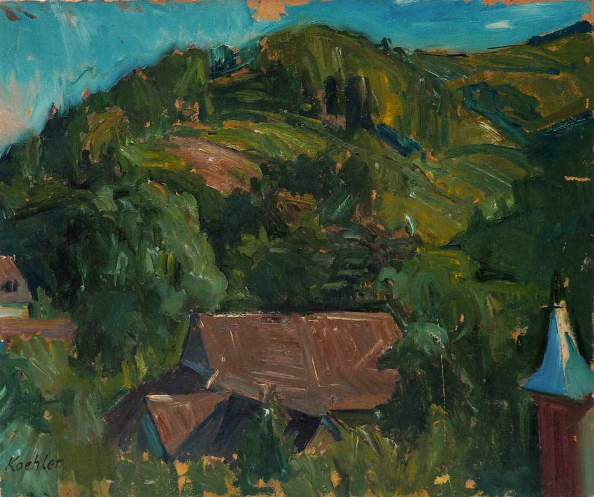 Köhler, Hendrik, 1893 - 1975 Ölstudie mit den Häusern in Günterstal zwischen dicht belaubten Bäumen,