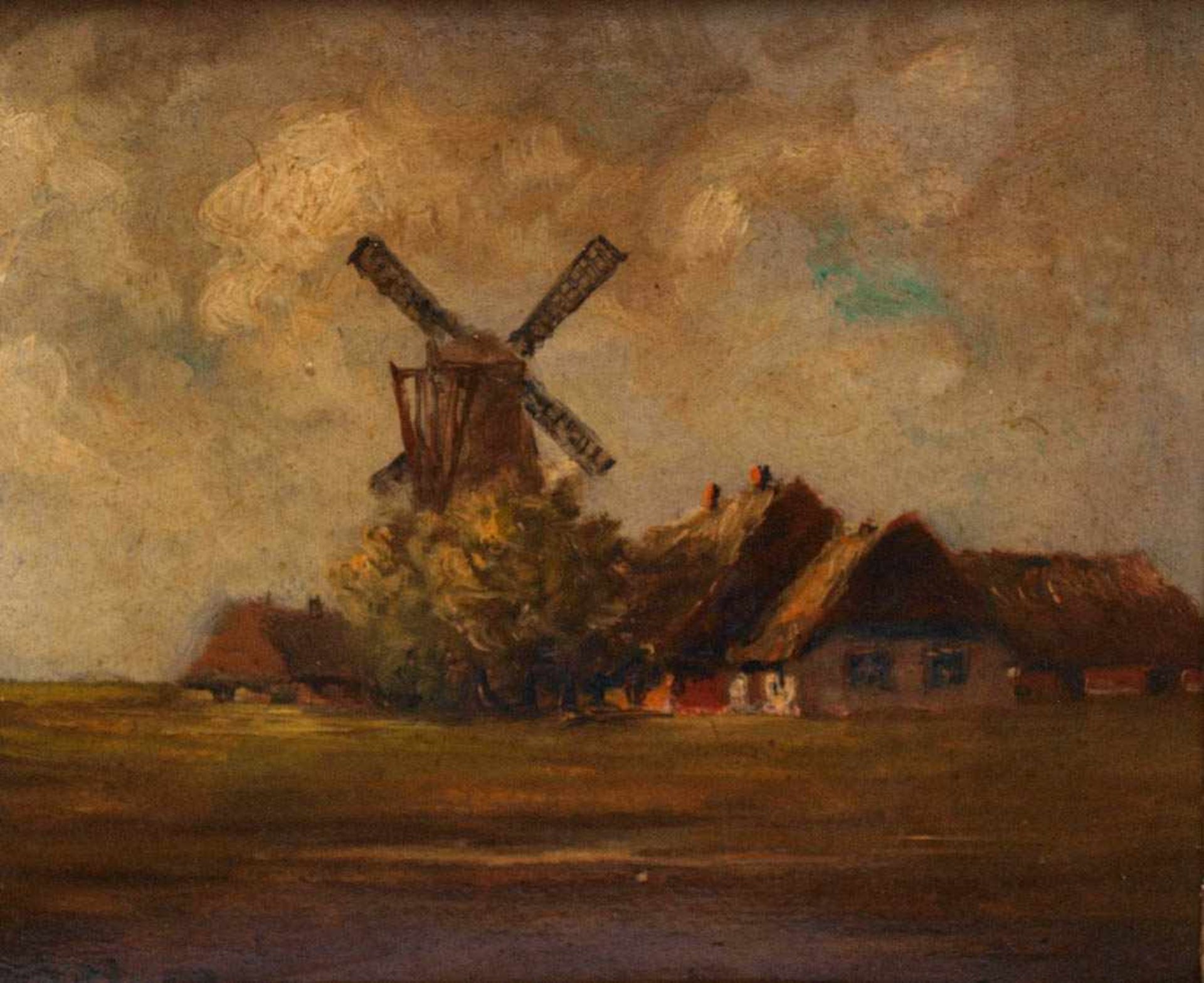 Horn, Josef, 1902 - 1951 Großes, reetgedecktes Gehöft mit Windmühle unter gewittrigem Himmel. Öl/ - Bild 2 aus 5