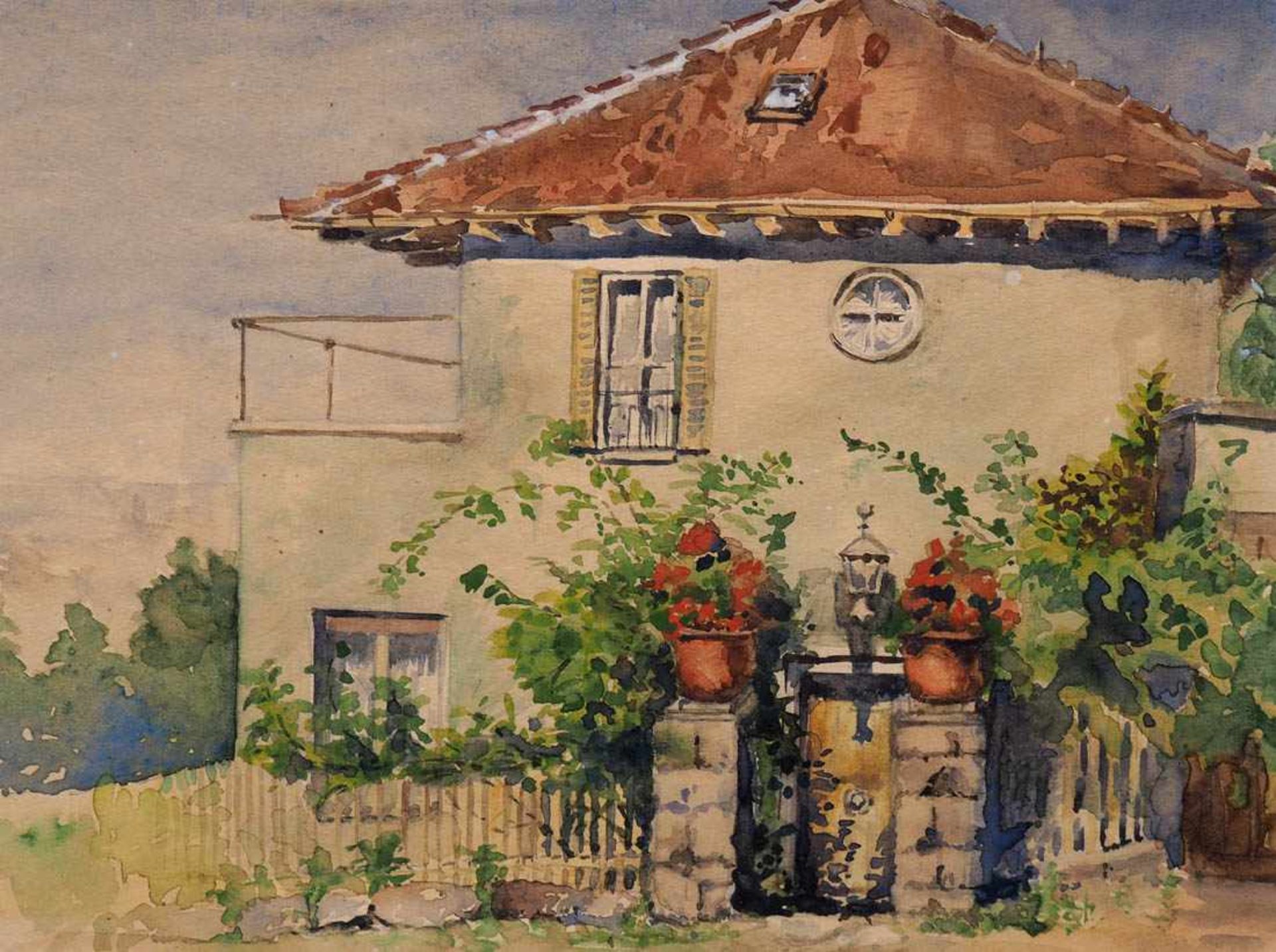 Landschafter, 20er Jahre Blick auf eine Villa in einem Garten. Aquarell, ger. Innenmaß des - Bild 2 aus 3