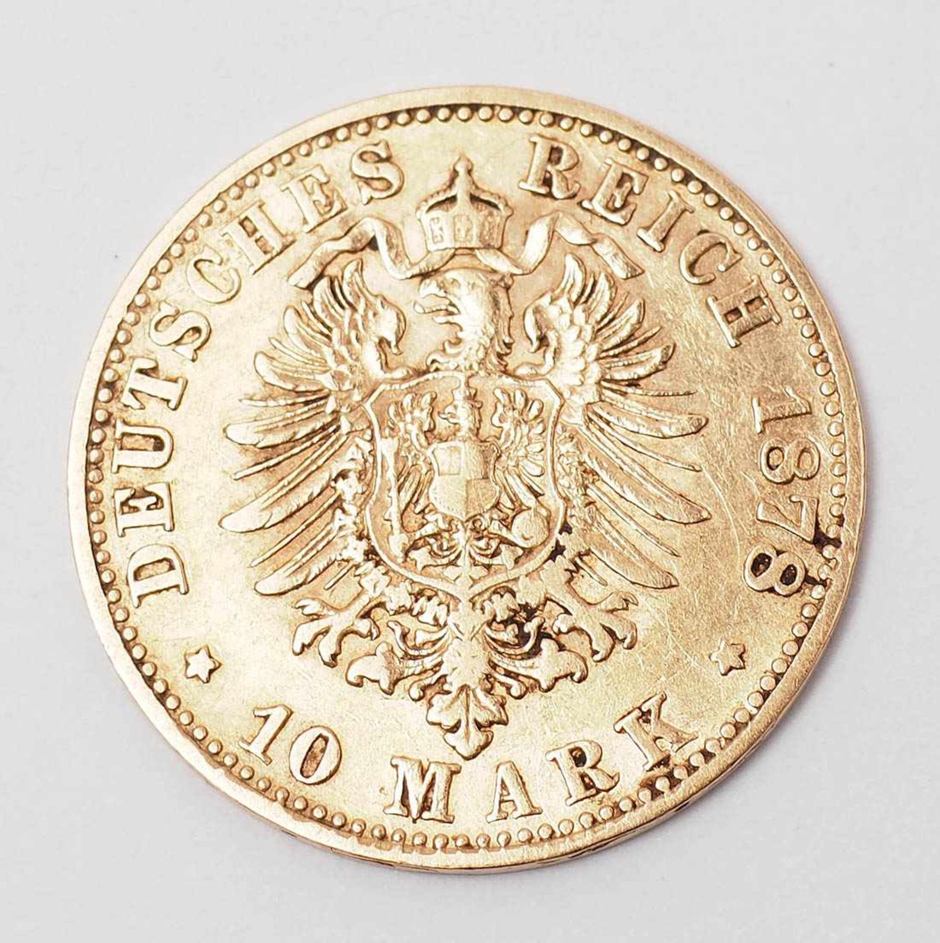 10 Mark-Goldmünze, Sachsen 1878 Münzstätte E. Gew. ca. 4g. - Bild 2 aus 2