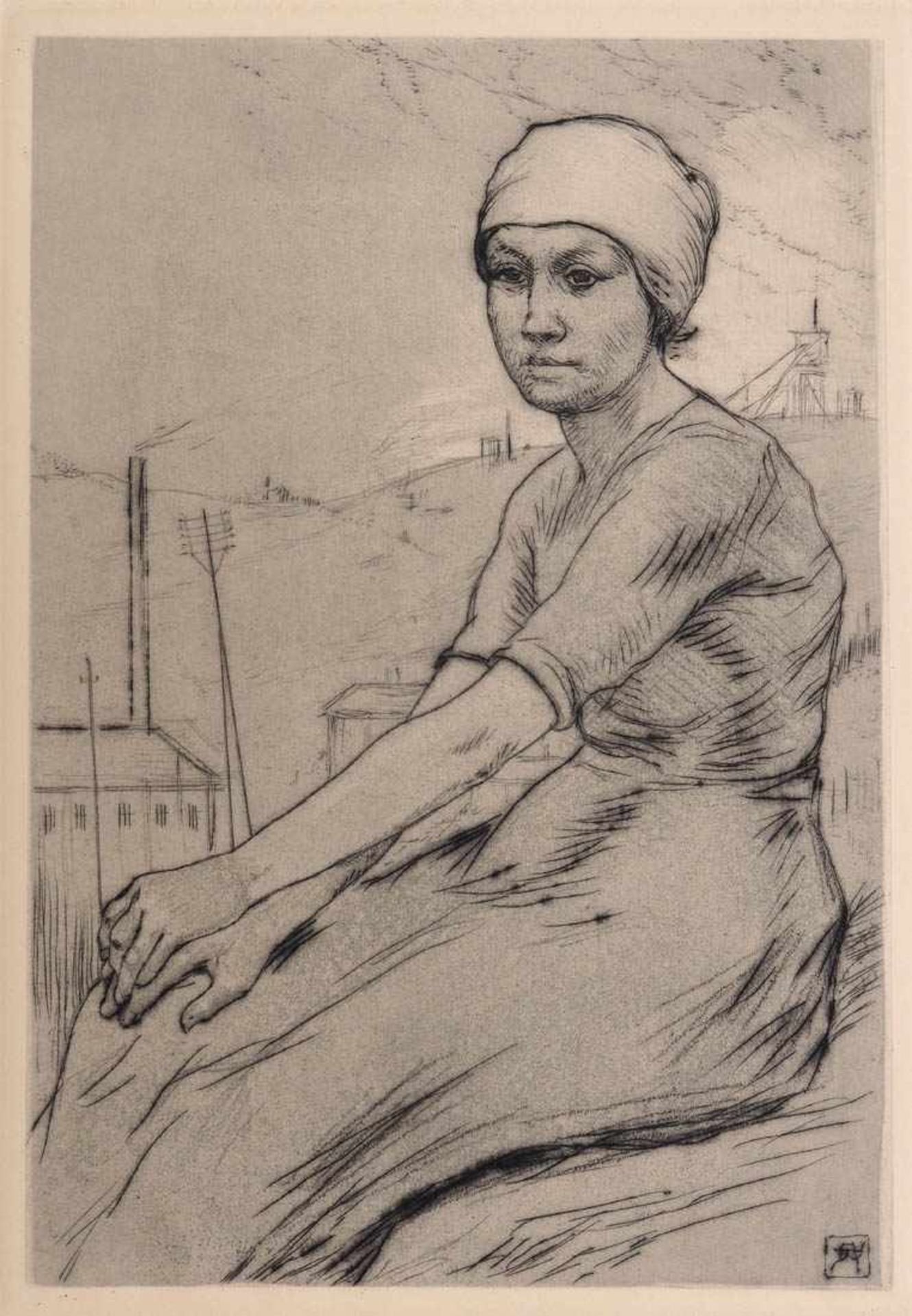 Rassenfosse, Armand, 1862 - 1934 Sitzendes junges Arbeitermädchen vor weiter Industrielandschaft.