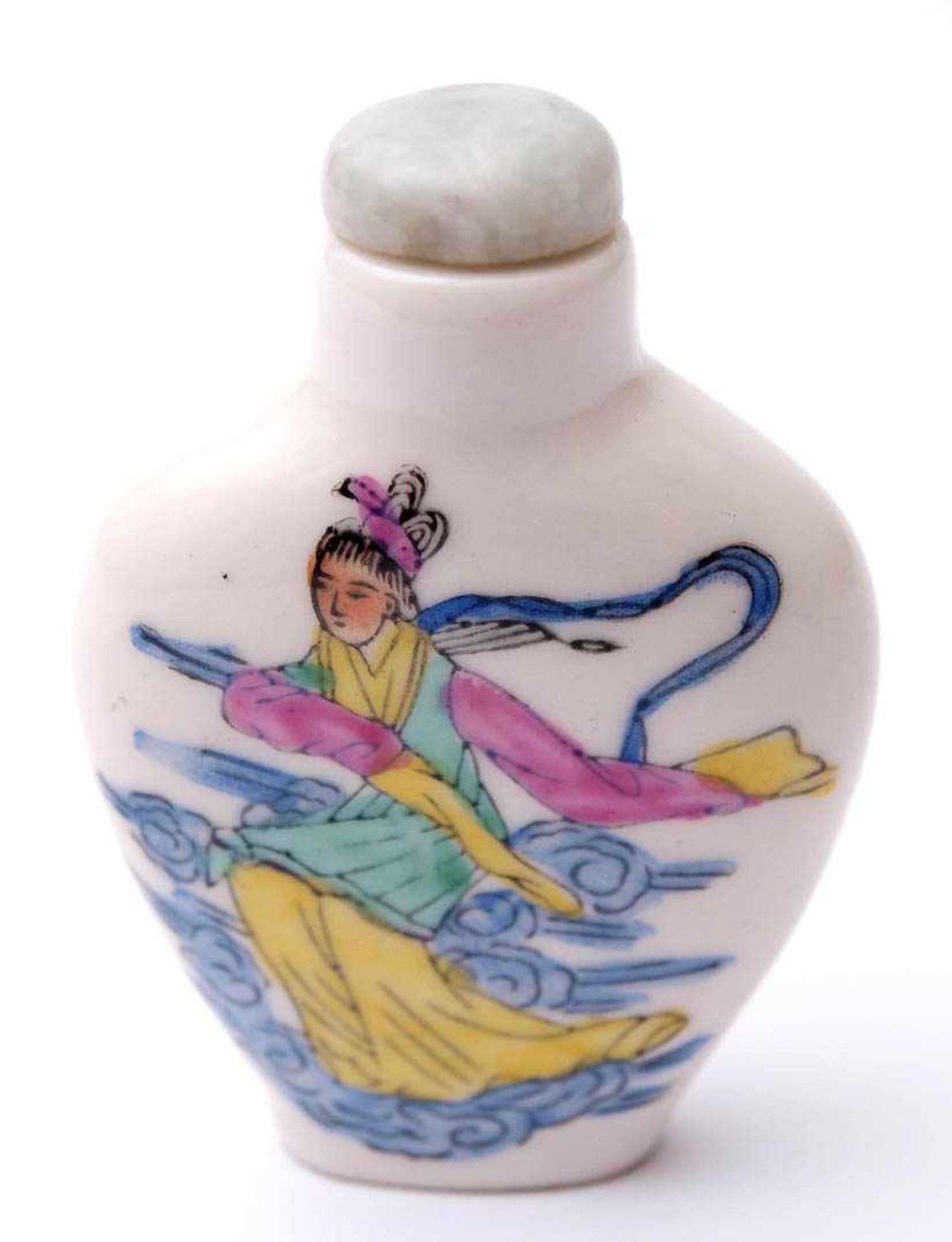 Snuffbottle, China Porzellan. Polychrome, figürliche Malerei auf Vorder- und Rückseite. Steinstopfen